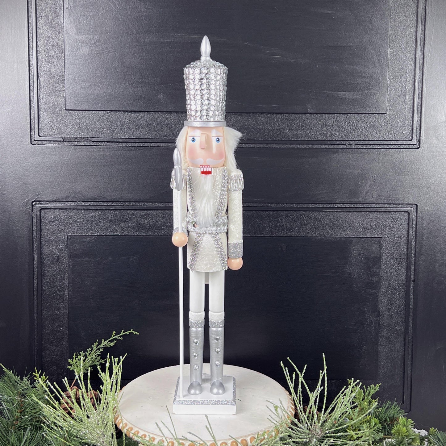 White and Silver Nutcracker, Elegant Winter Holiday Decor for Mantels, Centerpieces, or Christmas , Nutcracker Figure, Sequin Nutcracker