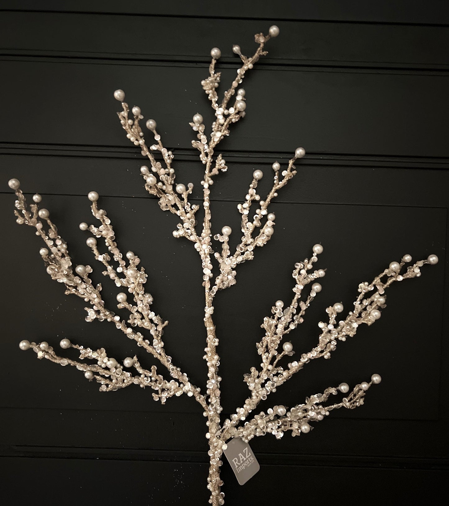 Champagne Pearl Glitter Spray – 33" Jeweled Christmas Tree Floral Spray, Holiday Wreath Pick, Pearl Wedding Floral Stem for DIY Designers