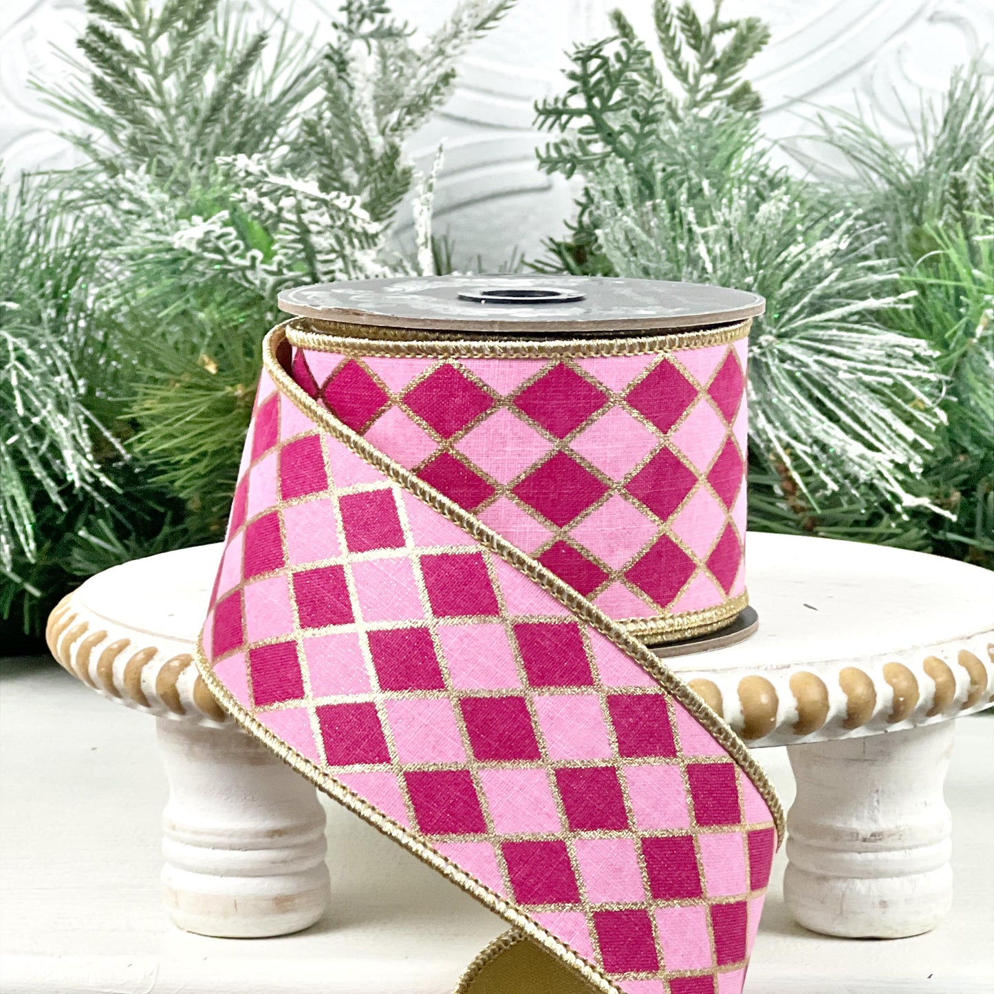 Fuchsia and Pink Harlequin Ribbon, Hot Pink Jester Ribbon, Gold Backed Harlequin Ribbon, 2.5" Wired Harlequin Ribbon, Designer Ribbon