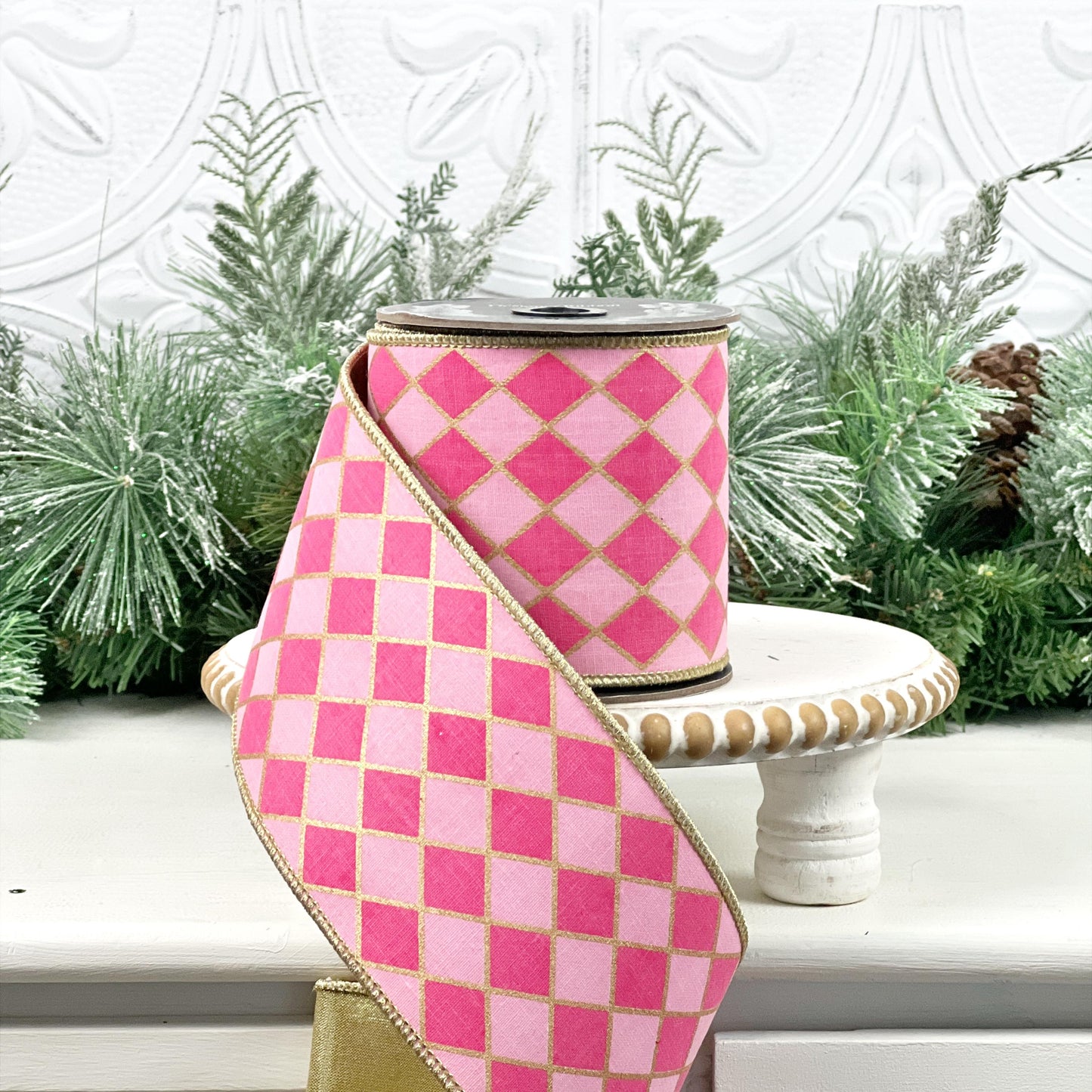 Fuchsia and Pink Harlequin Ribbon, Pink and Gold Jester Ribbon, Gold Backed Harlequin Ribbon, 4" Wired Harlequin Ribbon, Designer Ribbon