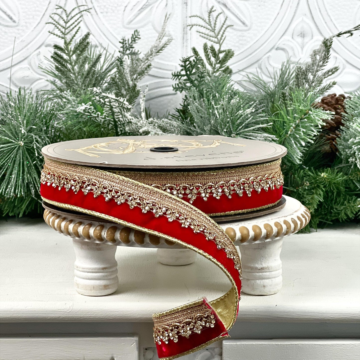 D. Stevens Jeweled Red Velvet Ribbon, Gold Backed Crystal Trim Ribbon, 1.5" Holiday Ribbon, Winter Wedding Ribbon, Red and Gold Velvet