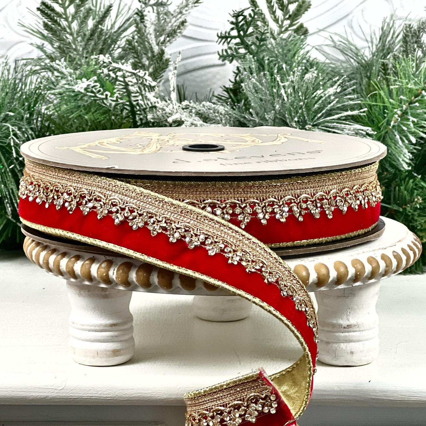 D. Stevens Jeweled Red Velvet Ribbon, Gold Backed Crystal Trim Ribbon, 1.5" Holiday Ribbon, Winter Wedding Ribbon, Red and Gold Velvet