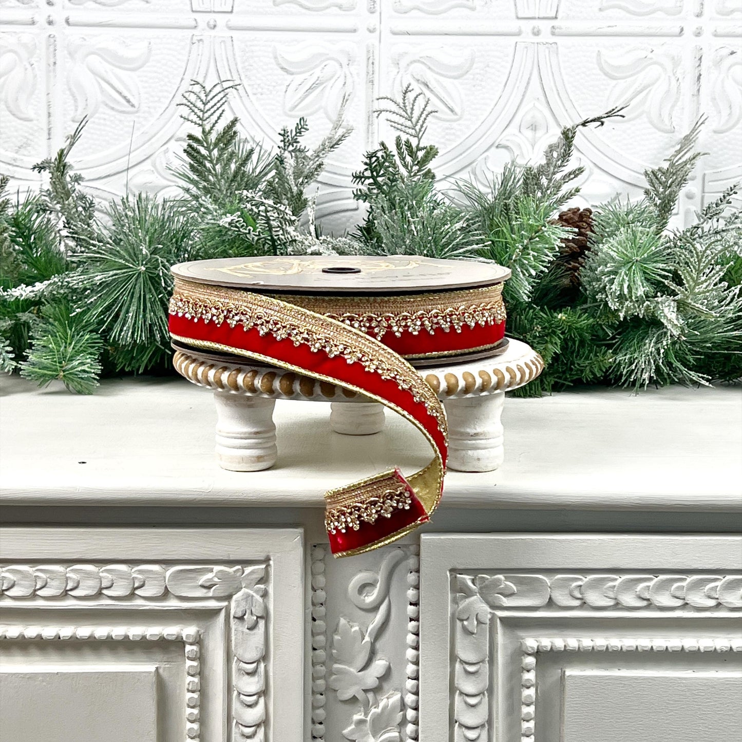 D. Stevens Jeweled Red Velvet Ribbon, Gold Backed Crystal Trim Ribbon, 1.5" Holiday Ribbon, Winter Wedding Ribbon, Red and Gold Velvet