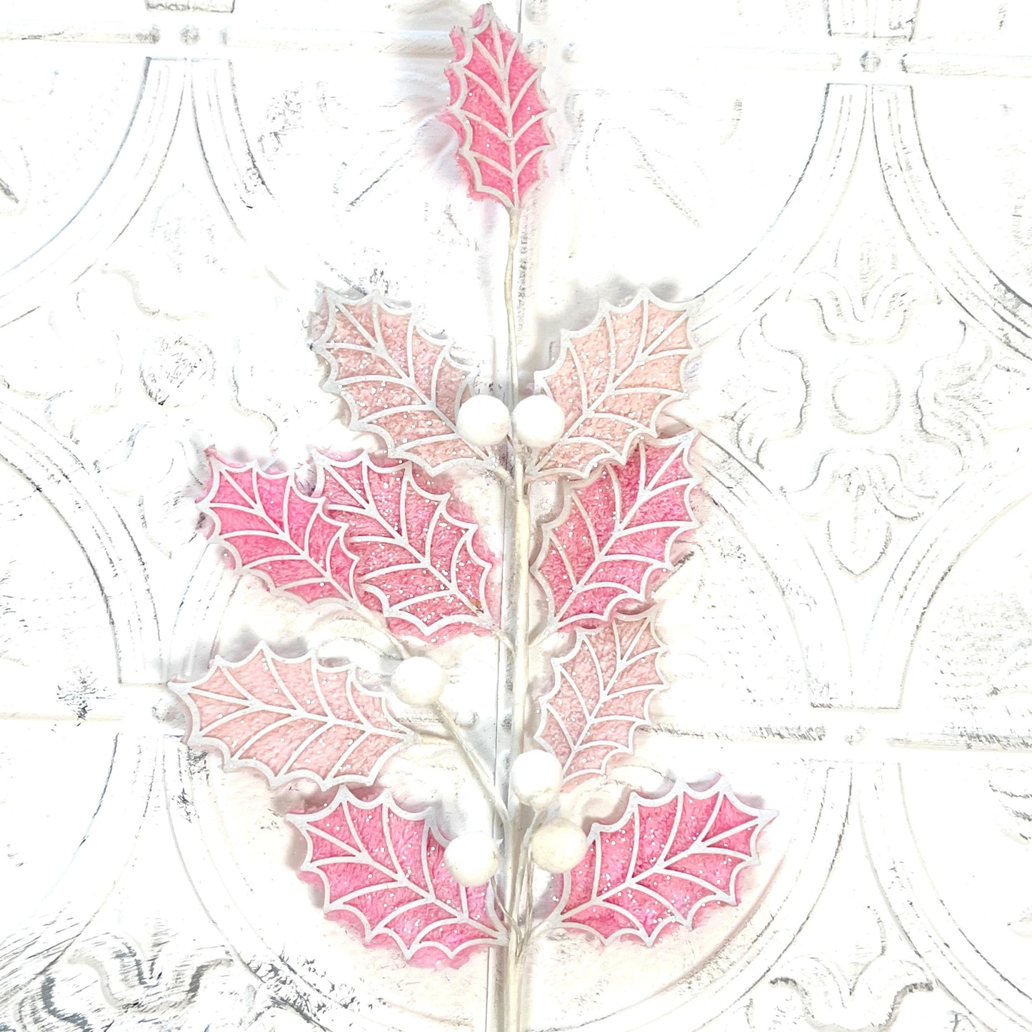 Glittered Holly Leaf Spray | 31" Pink Holiday Ball Stem | Pink Holly Leaf Spray | Glam Winter Floral Accent | Pink and White Holly