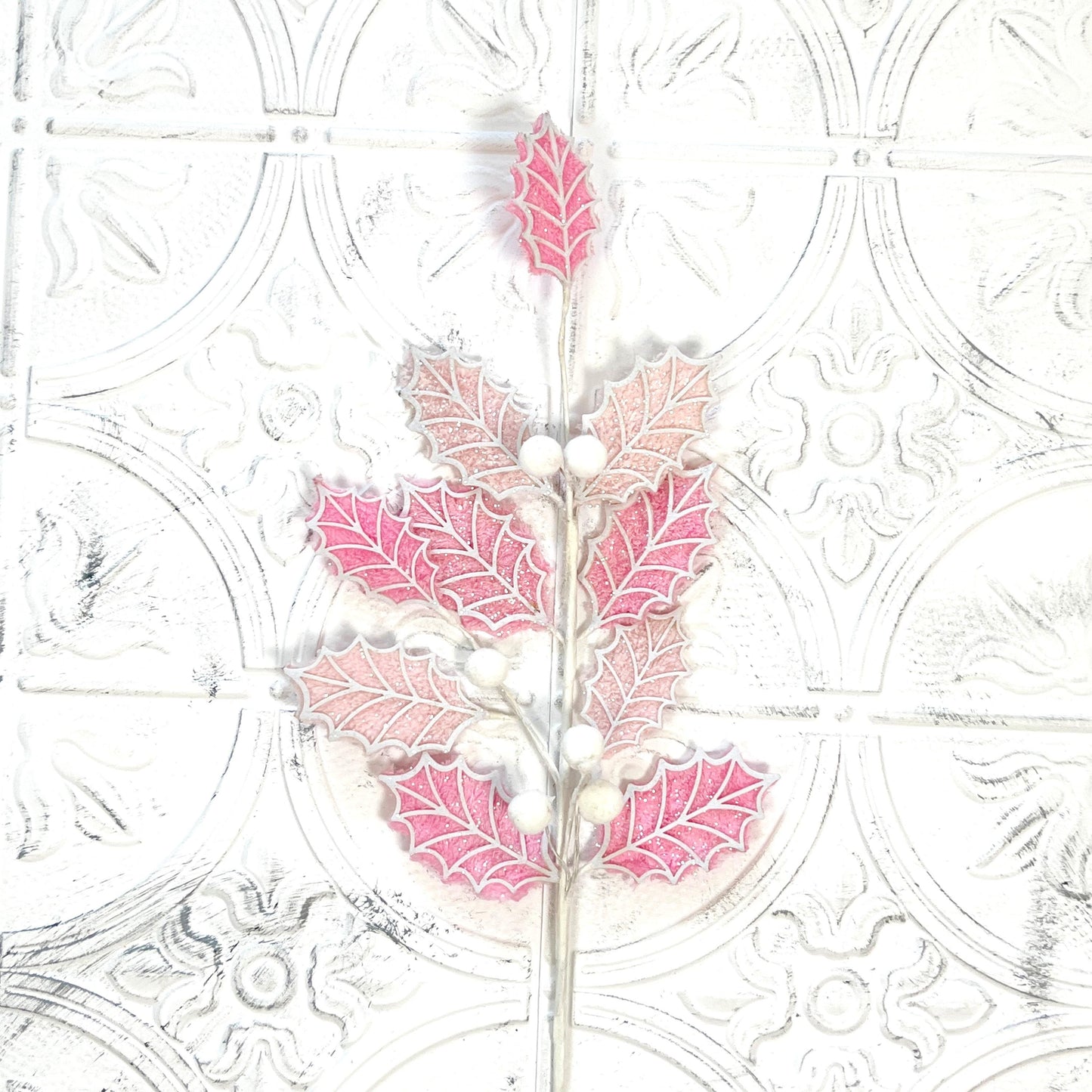 Glittered Holly Leaf Spray | 31" Pink Holiday Ball Stem | Pink Holly Leaf Spray | Glam Winter Floral Accent | Pink and White Holly