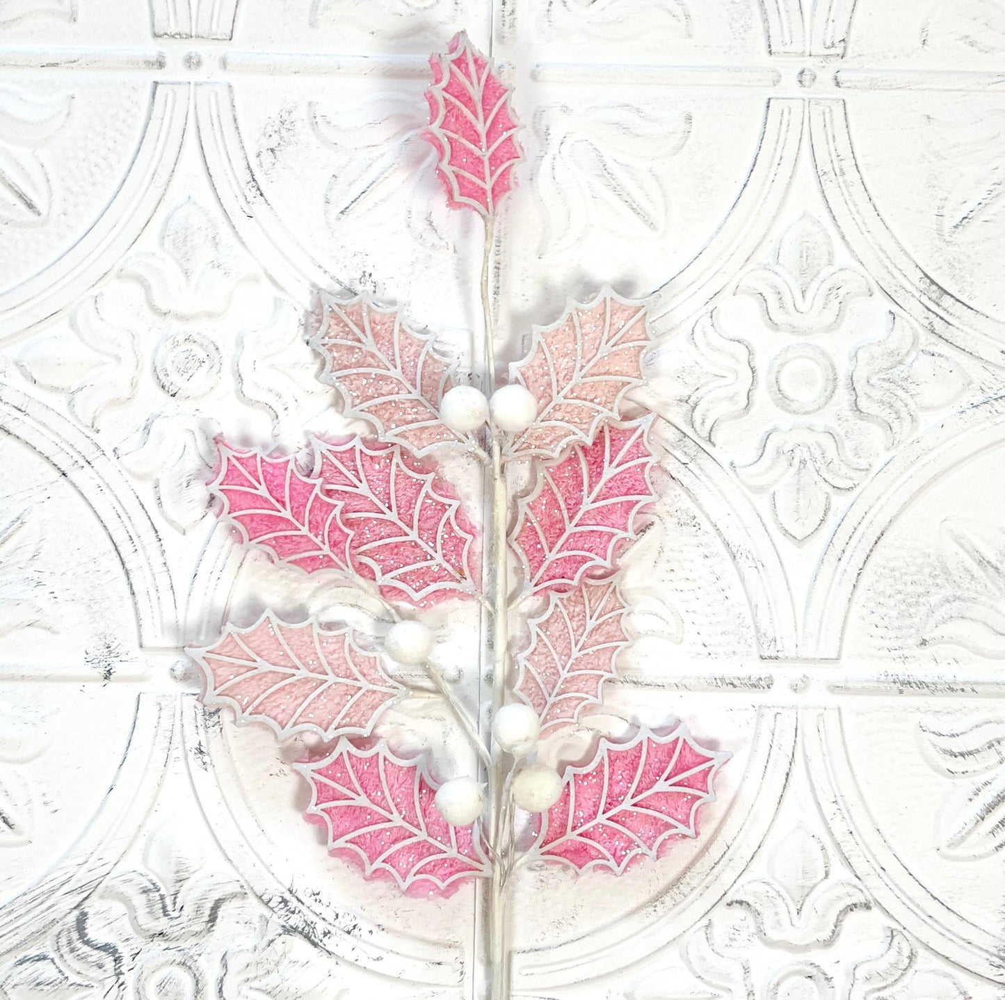 Glittered Holly Leaf Spray | 31" Pink Holiday Ball Stem | Pink Holly Leaf Spray | Glam Winter Floral Accent | Pink and White Holly