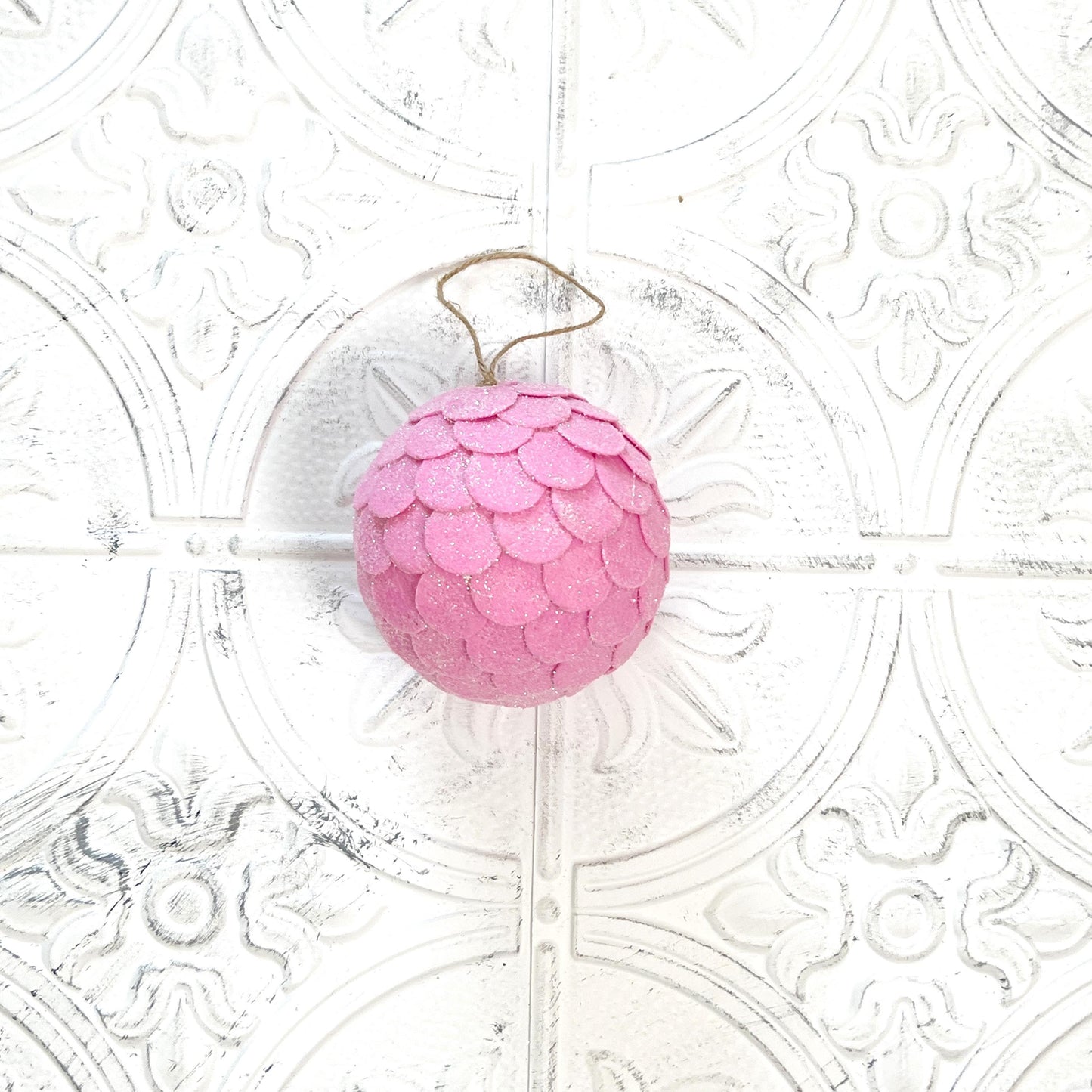 Pink Felt Ball Ornament | 5" Glittered Holiday Accent for Wreaths | Soft Christmas Decor for Floral & DIY Design | Pink Christmas Ornament