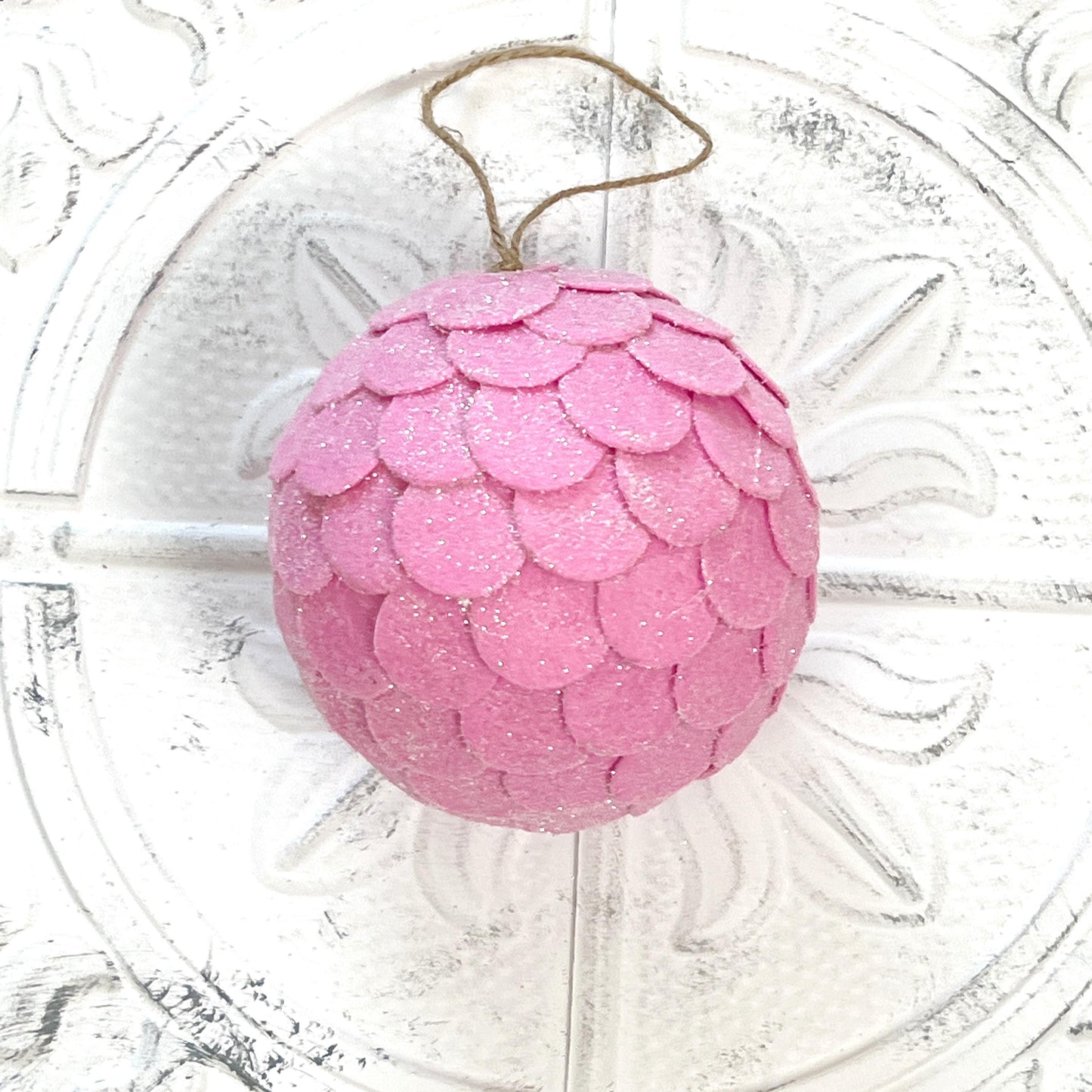 Pink Felt Ball Ornament | 5" Glittered Holiday Accent for Wreaths | Soft Christmas Decor for Floral & DIY Design | Pink Christmas Ornament