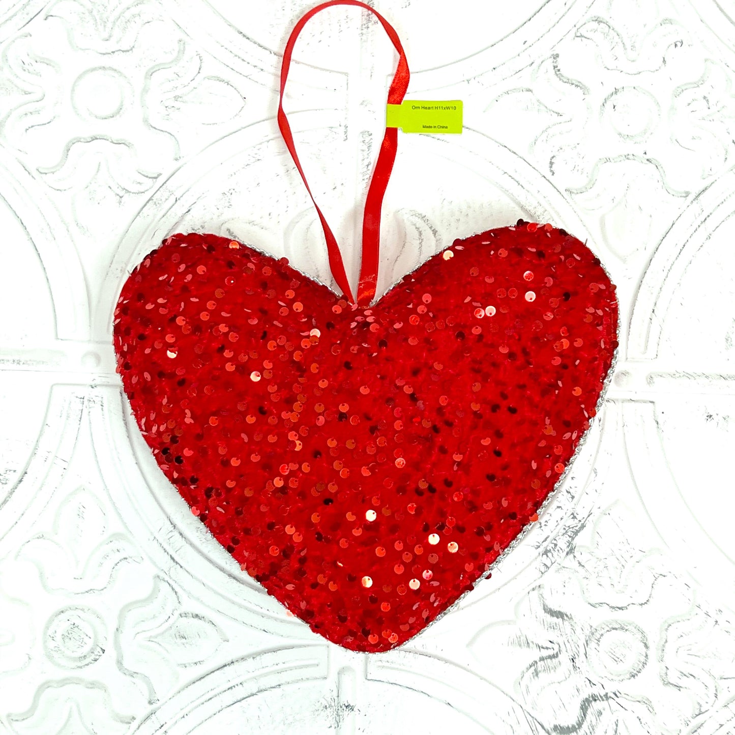 Red Sequin Heart Ornament – Sparkly Valentine’s Day Decor for Wreaths, Arrangements, or DIY Crafts, Valentine Heart Ornament,