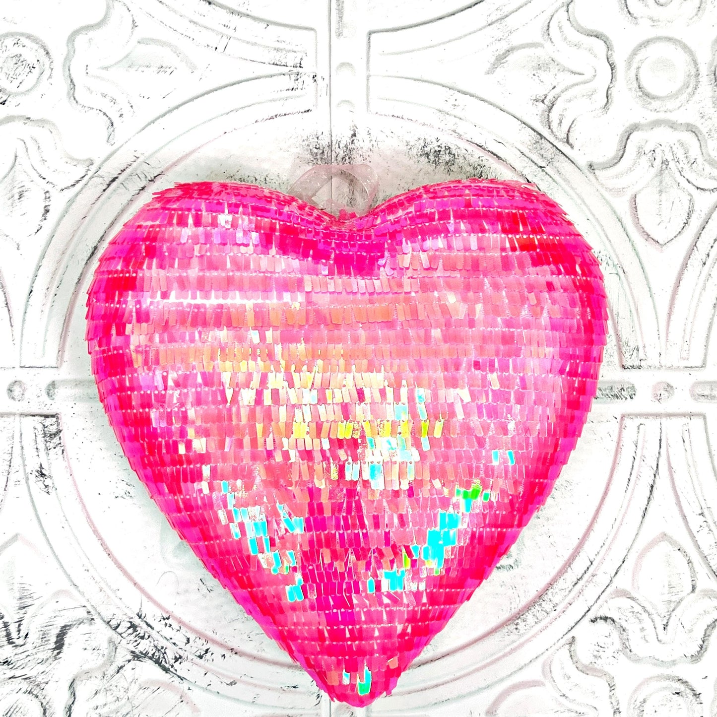 Pink Sequin Heart Ornament – 9" Wreath Embellishment, Valentine's Day Decor, DIY Craft Supply, Shimmer Heart Accent for Wreaths & Florals