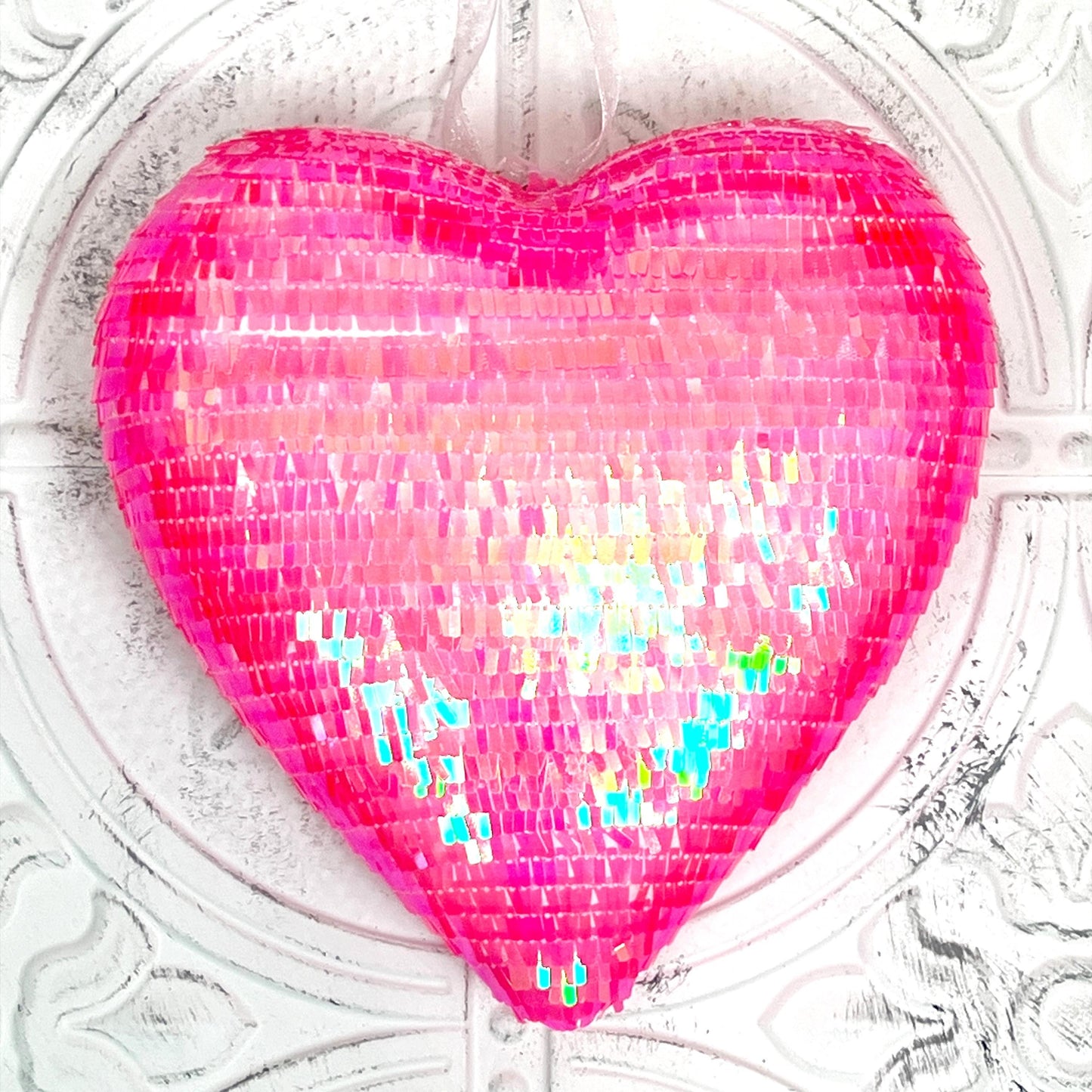 Pink Sequin Heart Ornament – 9" Wreath Embellishment, Valentine's Day Decor, DIY Craft Supply, Shimmer Heart Accent for Wreaths & Florals