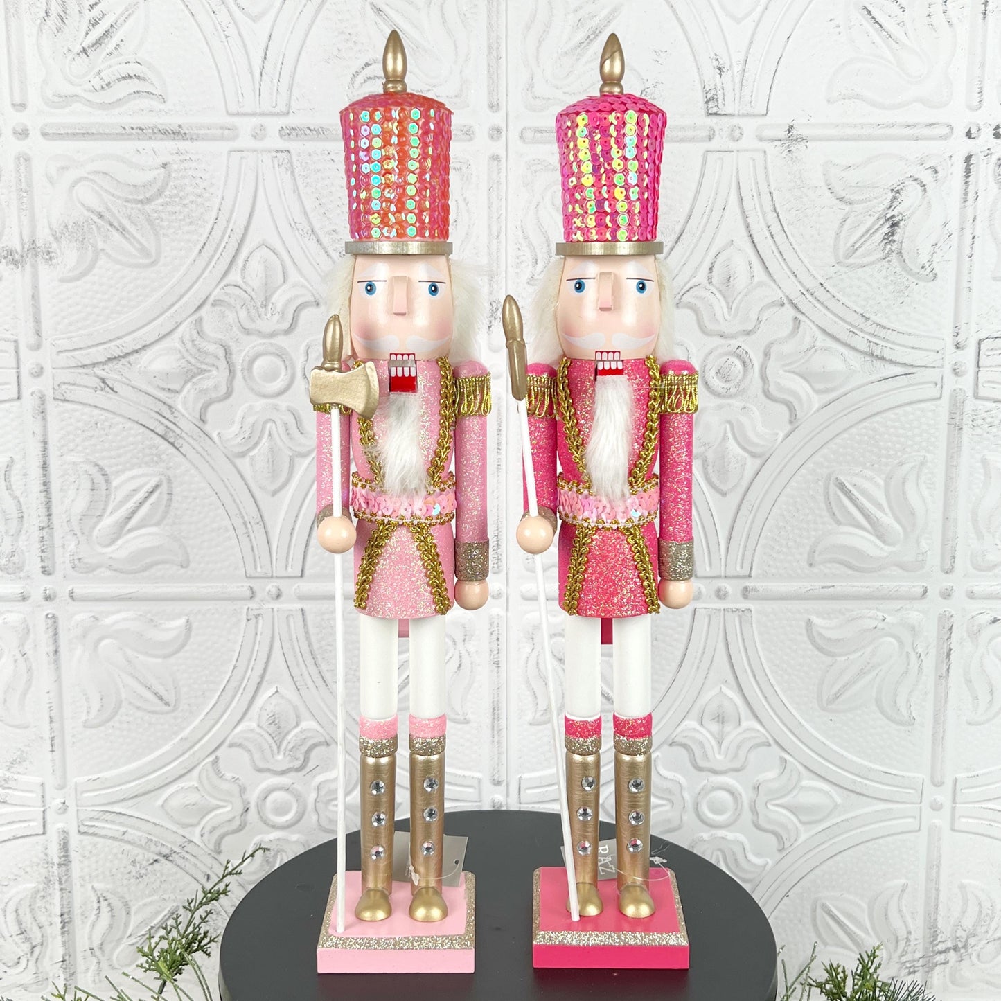 Pink Sequin Nutcracker with Glitter, Rhinestone Boots & Gold Trim – Elegant Christmas Decor in Light or Dark Pink for Holiday Displays