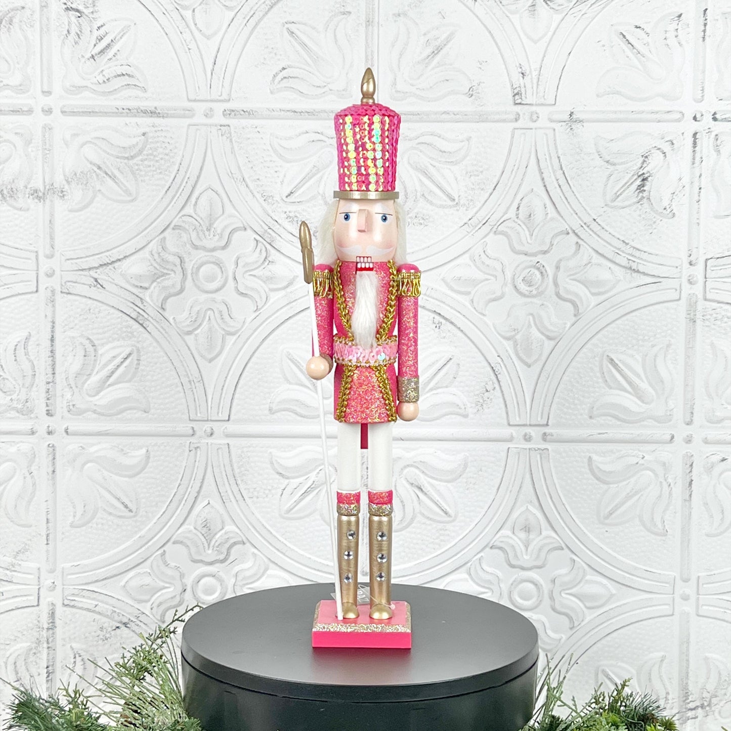 Pink Sequin Nutcracker with Glitter, Rhinestone Boots & Gold Trim – Elegant Christmas Decor in Light or Dark Pink for Holiday Displays