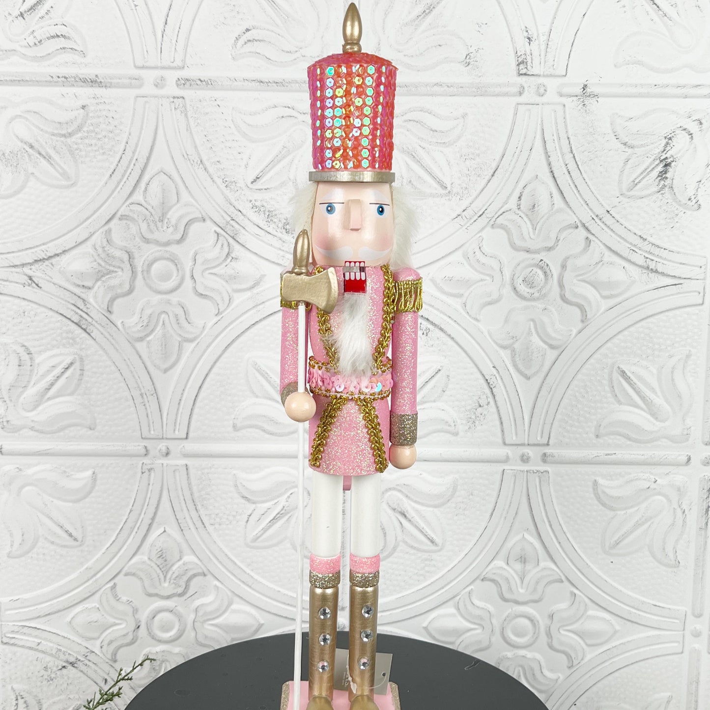 Pink Sequin Nutcracker with Glitter, Rhinestone Boots & Gold Trim – Elegant Christmas Decor in Light or Dark Pink for Holiday Displays