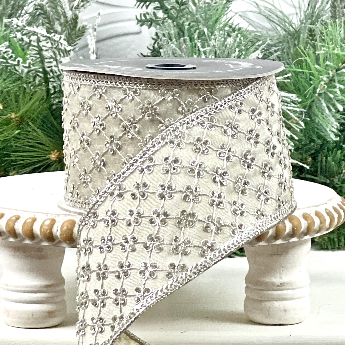 Platinum Jeweled Ribbon, Farrisilk Designer Ribbon, Silver Embellished Holiday Ribbon, Luxury Wedding Ribbon, Elegant Wired Ribbon