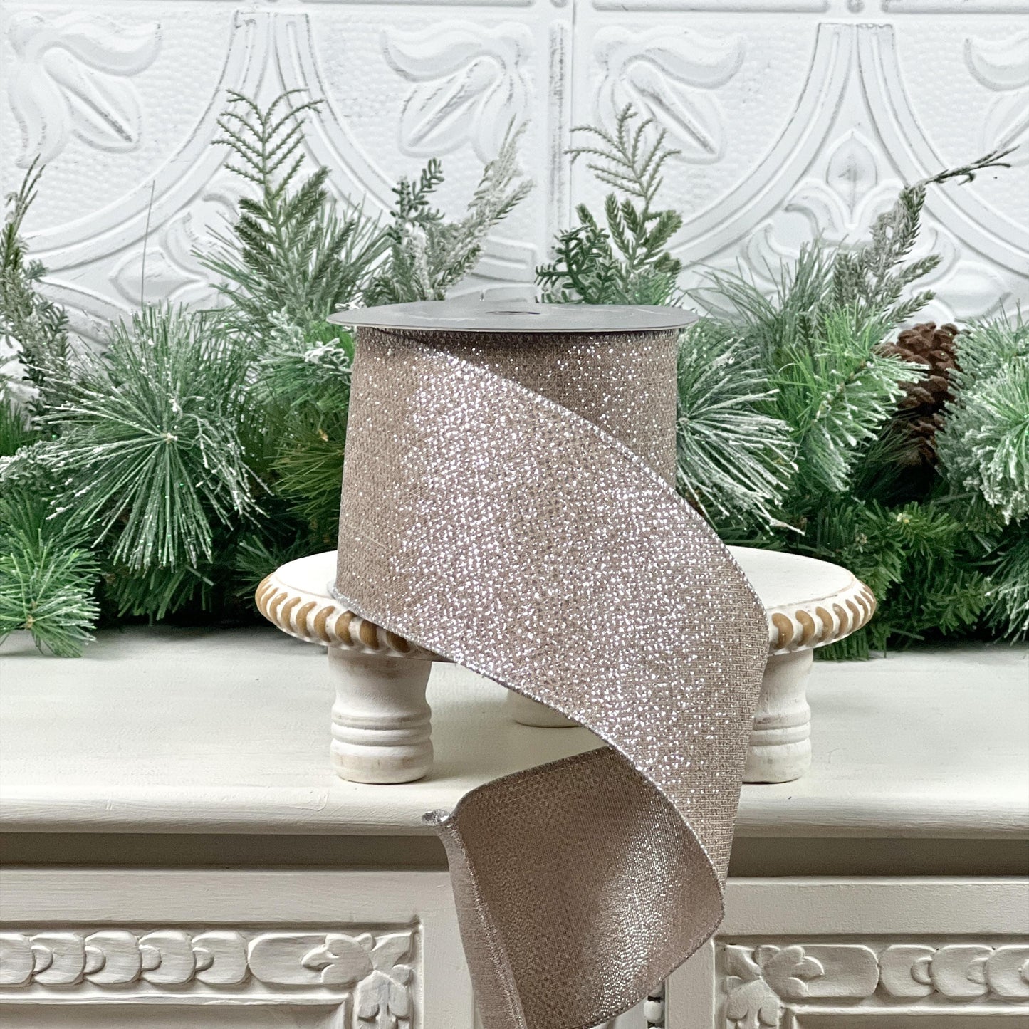 Platinum Glitter Ribbon, Farrisilk Ribbon, Glittered Christmas Ribbon, Elegant Holiday Ribbon, Wedding Bow Ribbon, Wreath Ribbon
