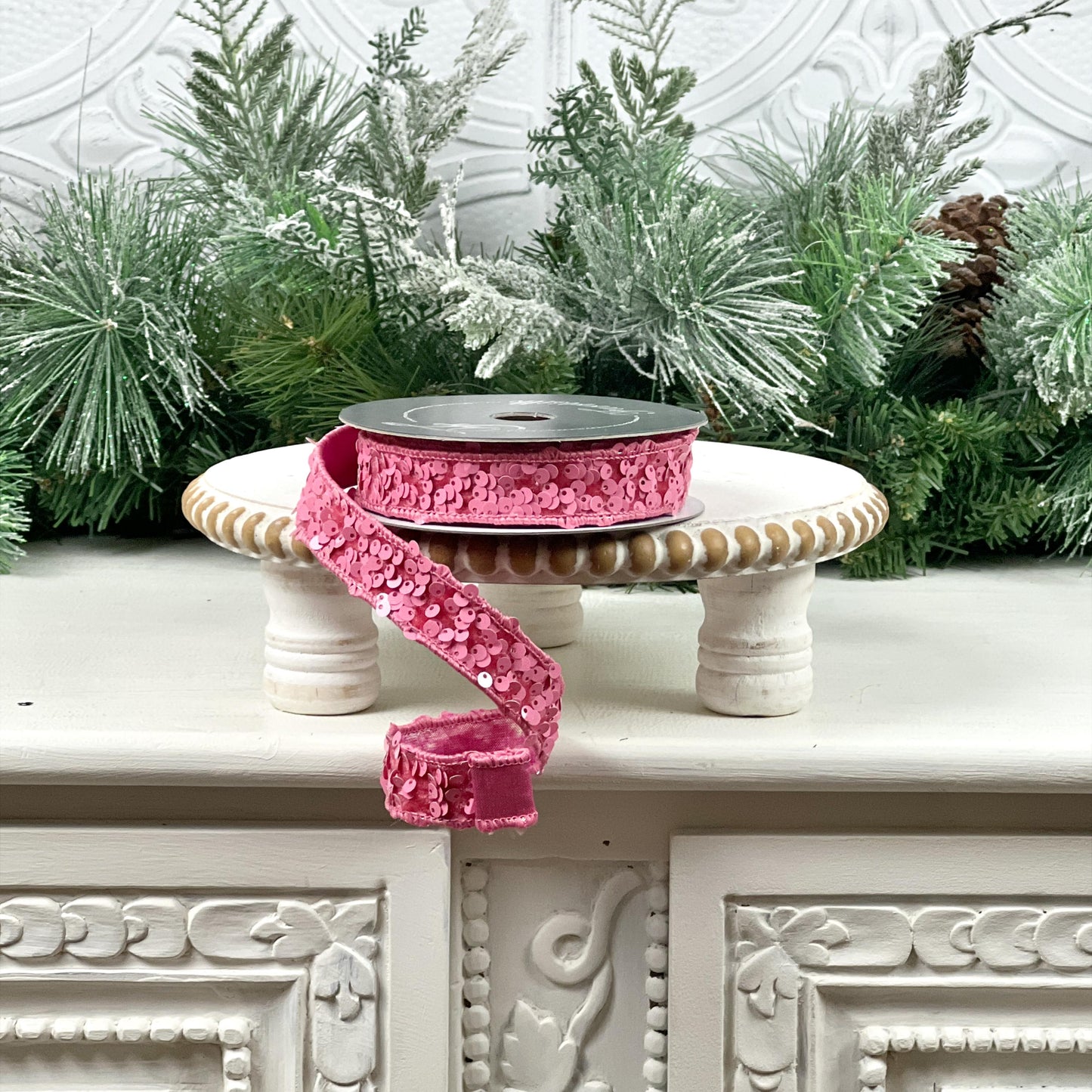 Farrisilk Pink Sequin Ribbon, Jeweled Holiday Ribbon, Pink Wedding Decor, Valentine’s Ribbon, Holiday Wreath Supplies, Pink Jeweled Ribbon