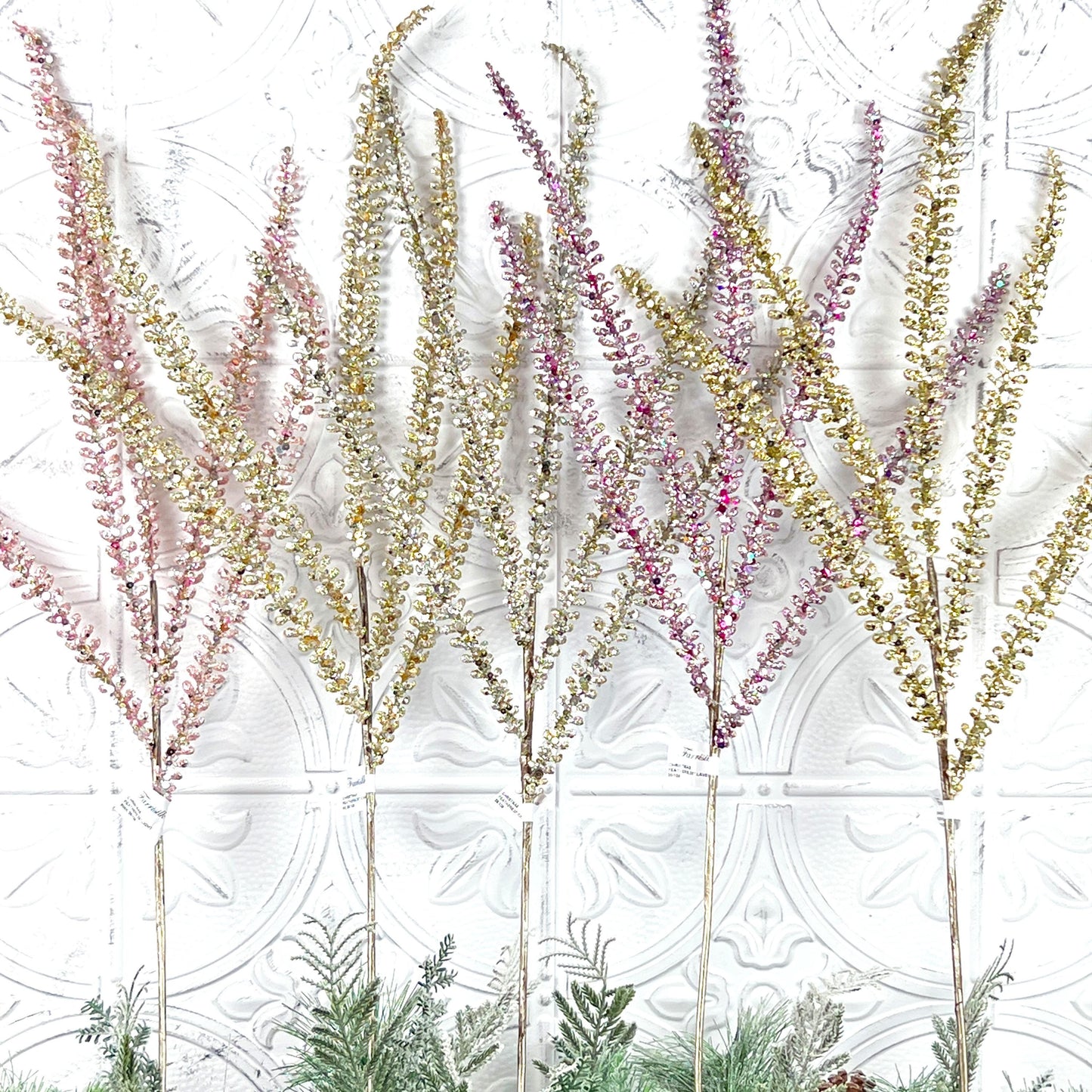 Glittered Fern Spray, Farrisilk Jeweled Fern Stem, Holiday Tree Filler, Christmas Glitter Pick, Glittered Floral Stem, Wreath Supplies