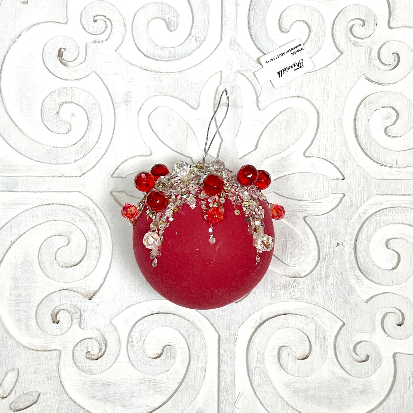 Jeweled Velvet Ornament, Red Christmas Ornament, Crystal Drop Ornament, Holiday Tree Decor, Beaded Velvet Ornament