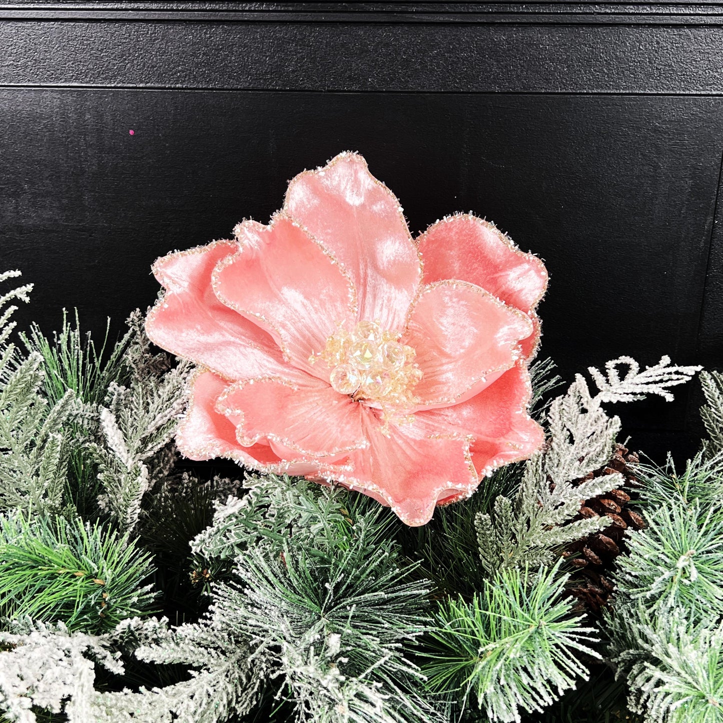 Pink Magnolia Stem, Jeweled Christmas Flower, Frosted Magnolia Pick, Holiday Floral Accent, Elegant Winter Stem, Farrisilk Floral Stem