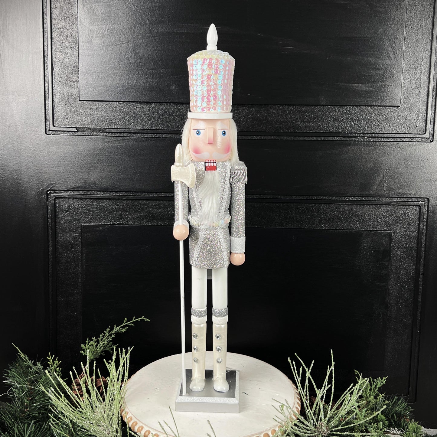 White and Silver Nutcracker, Elegant Winter Holiday Decor for Mantels, Centerpieces, or Christmas , Nutcracker Figure, Sequin Nutcracker