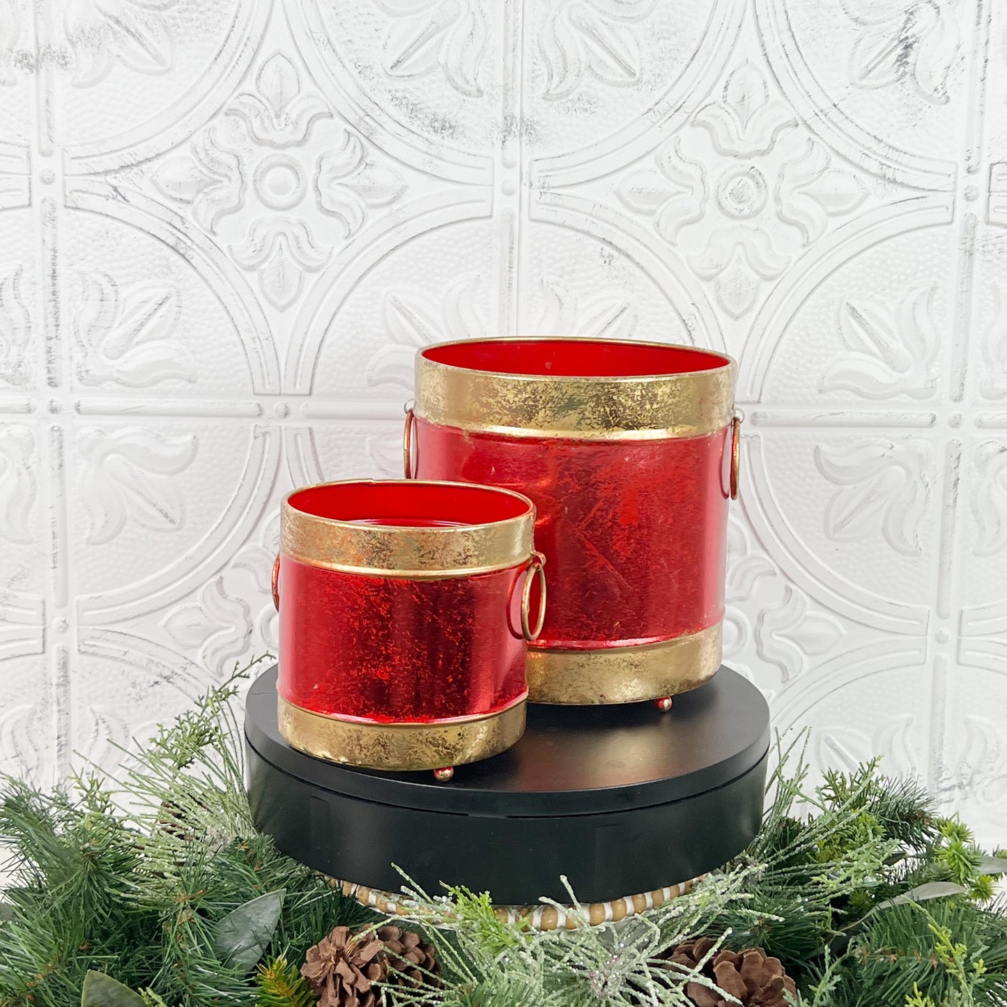 Red and Gold Metal Holiday Containers – Set of 2 Elegant Decorative Buckets for Centerpieces, Mantel Styling, Floral or Gift Displays