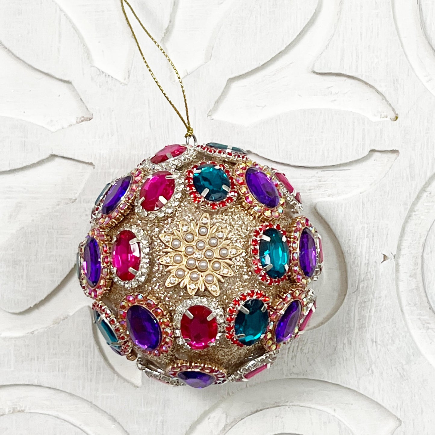 Multicolor Jeweled Brooch Ornament, Christmas Ball with Sparkling Gems for Traditional or Vintage-Inspired Styling, Jewel Ornament