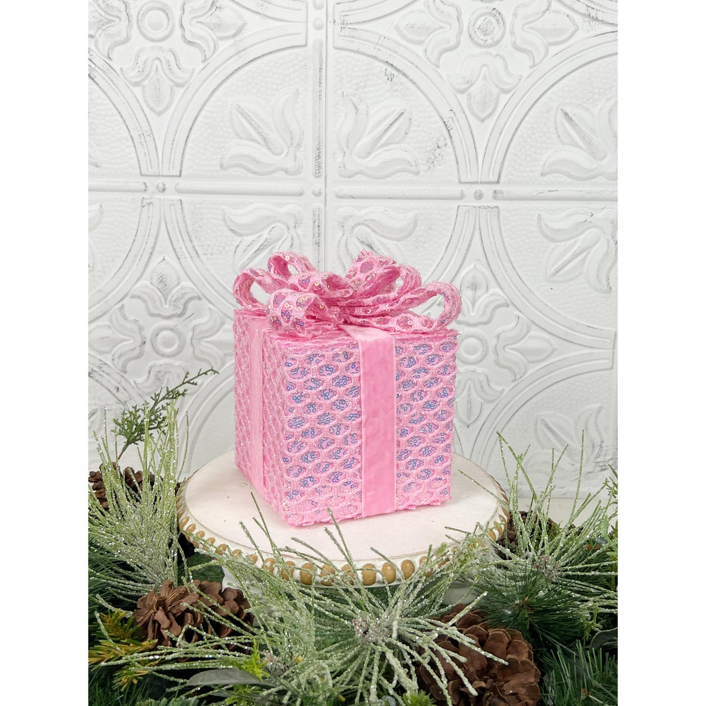 Sequined Faux Gift Box – Pink & Mint Christmas Wreath Attachment, DIY Holiday Decor Accent, Pastel Velvet Ribbon Box for Centerpieces