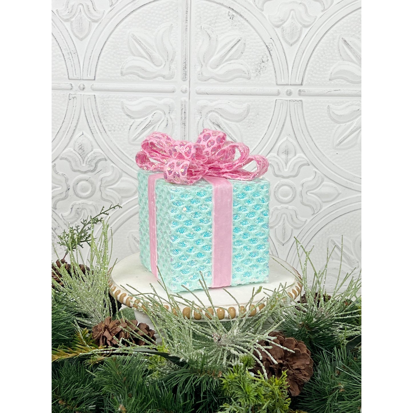 Sequined Faux Gift Box – Pink & Mint Christmas Wreath Attachment, DIY Holiday Decor Accent, Pastel Velvet Ribbon Box for Centerpieces