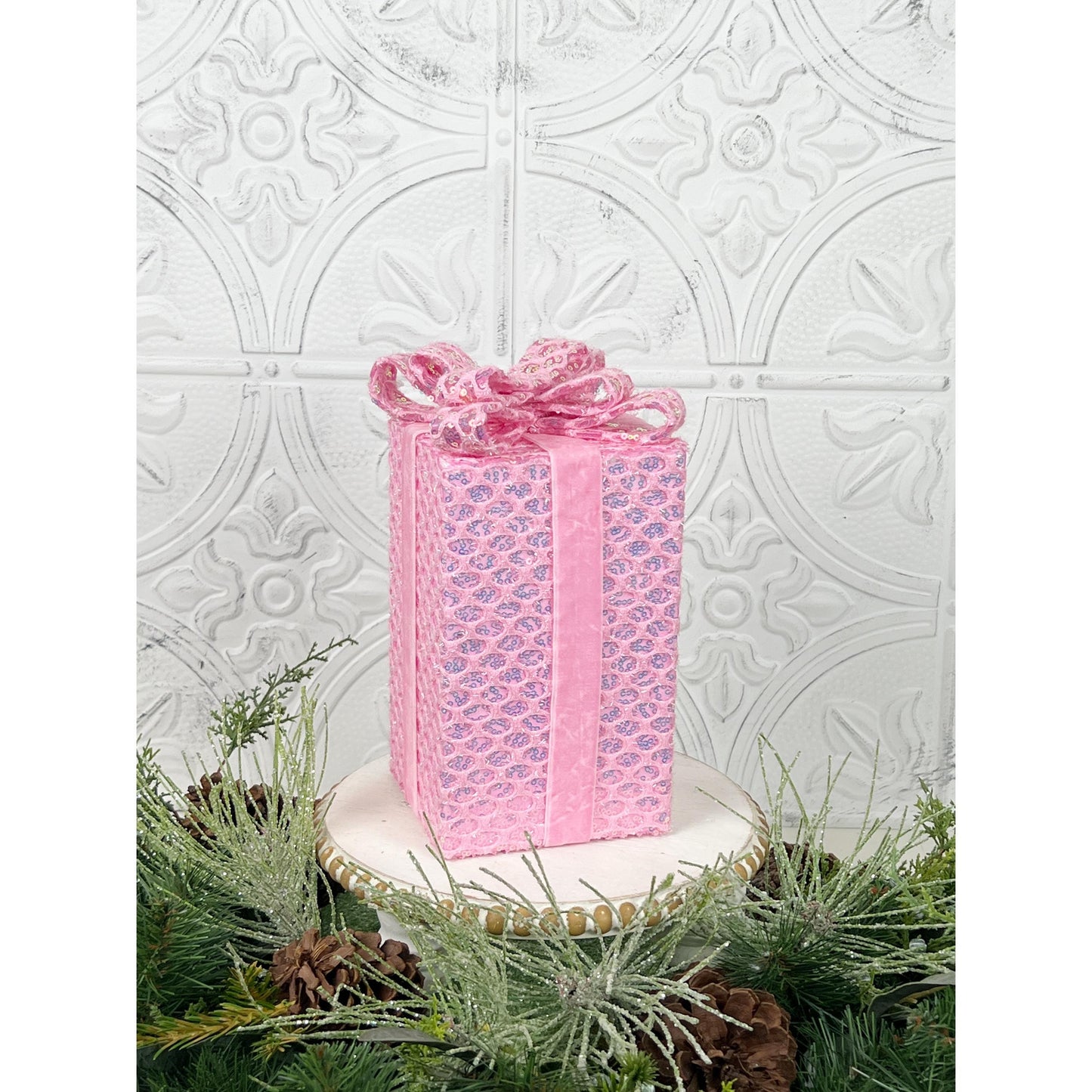 Sequined Faux Gift Box – Pink & Mint Christmas Wreath Attachment, DIY Holiday Decor Accent, Pastel Velvet Ribbon Box for Centerpieces