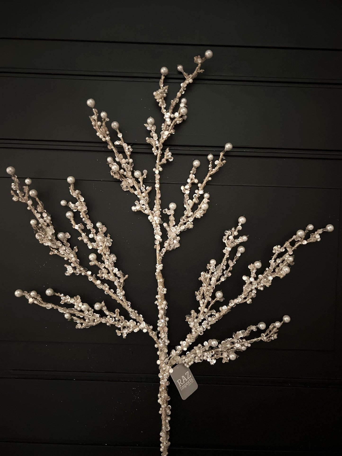 Champagne Pearl Glitter Spray – 33" Jeweled Christmas Tree Floral Spray, Holiday Wreath Pick, Pearl Wedding Floral Stem for DIY Designers