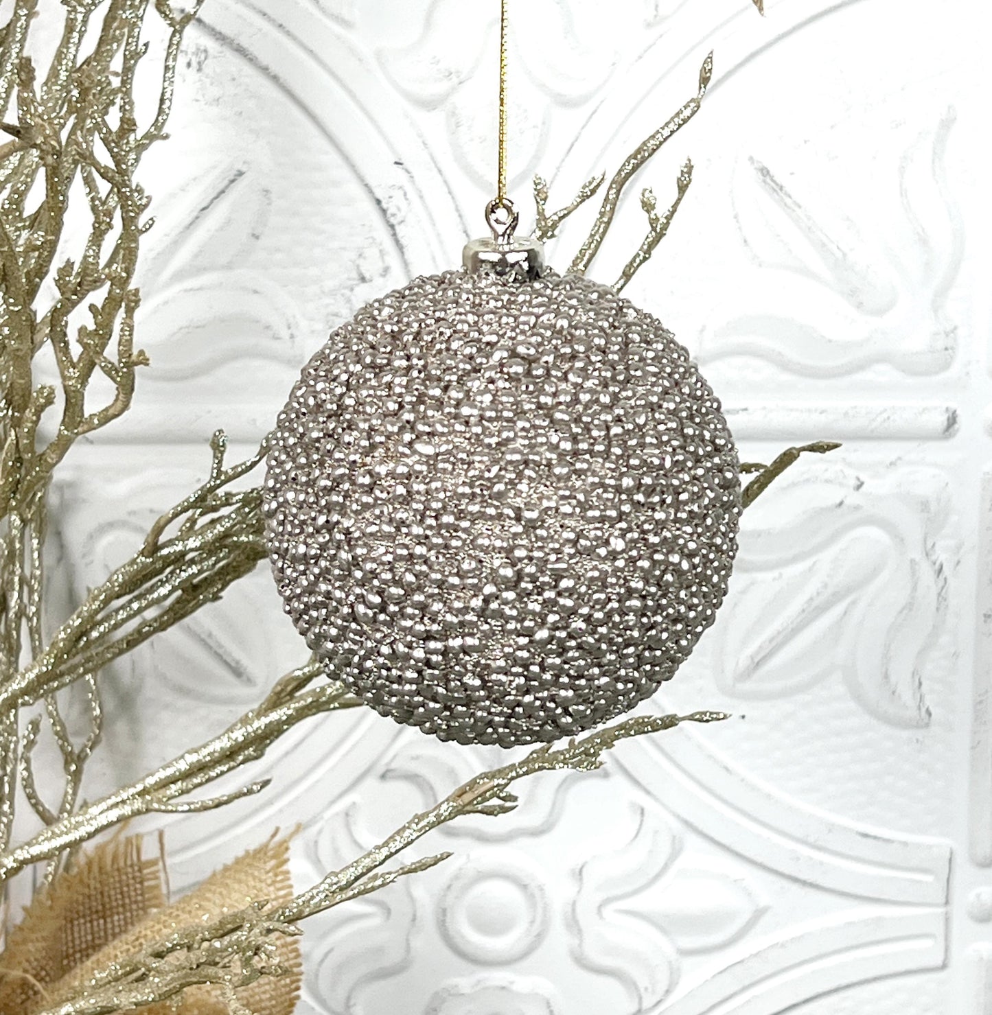 Champagne Beaded Ornament, Metallic Bead Ball Ornament, Glitter Tree Ornament, Holiday Wreath Decor, Wedding Ornament