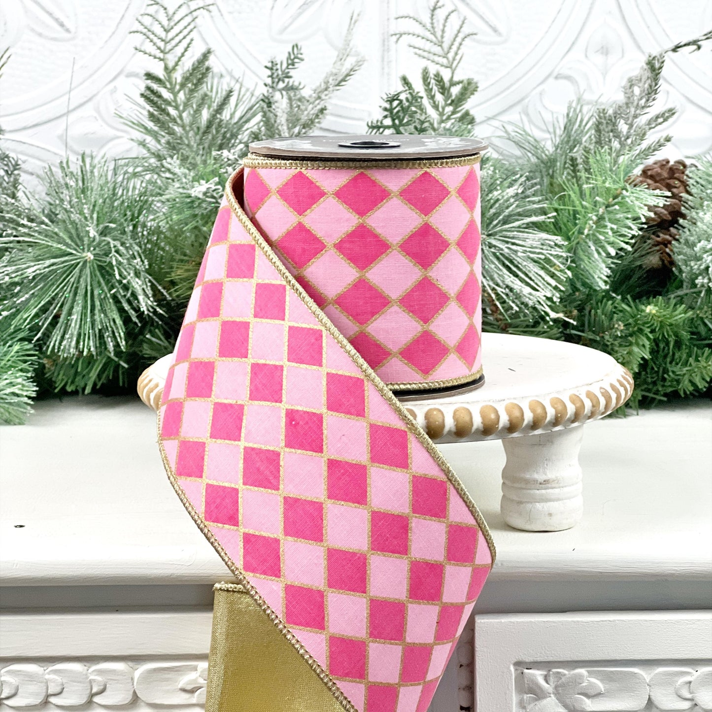 Fuchsia and Pink Harlequin Ribbon, Pink and Gold Jester Ribbon, Gold Backed Harlequin Ribbon, 4" Wired Harlequin Ribbon, Designer Ribbon