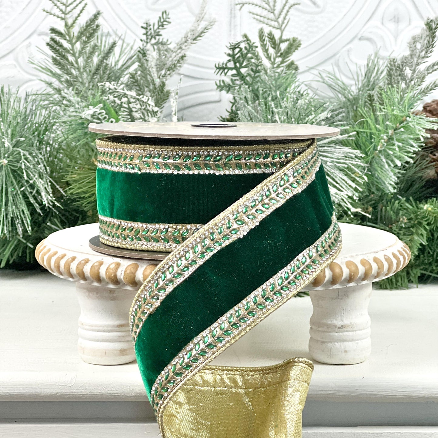 D Stevens Jewel Trimmed Emerald Green Velvet Ribbon, Jeweled Velvet Rhinestone Trim for Elegant Decor
