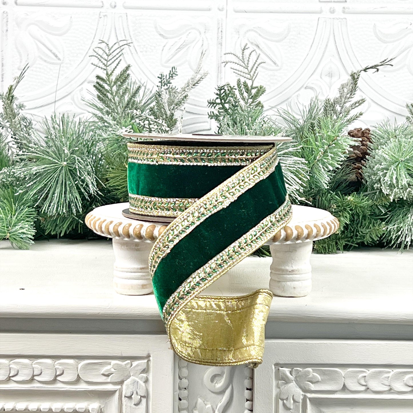D Stevens Jewel Trimmed Emerald Green Velvet Ribbon, Jeweled Velvet Rhinestone Trim for Elegant Decor