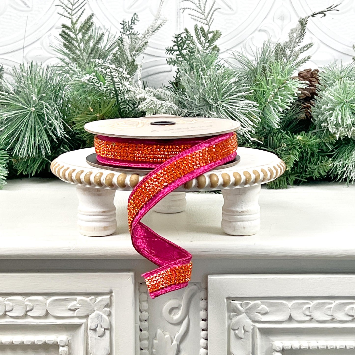 D. Stevens Hot Pink and Orange Jeweled Ribbon, Hot Pink and Orange Jeweled Ribbon, Crystal Trim Velvet Ribbon, Elegant Fall Holiday Ribbon