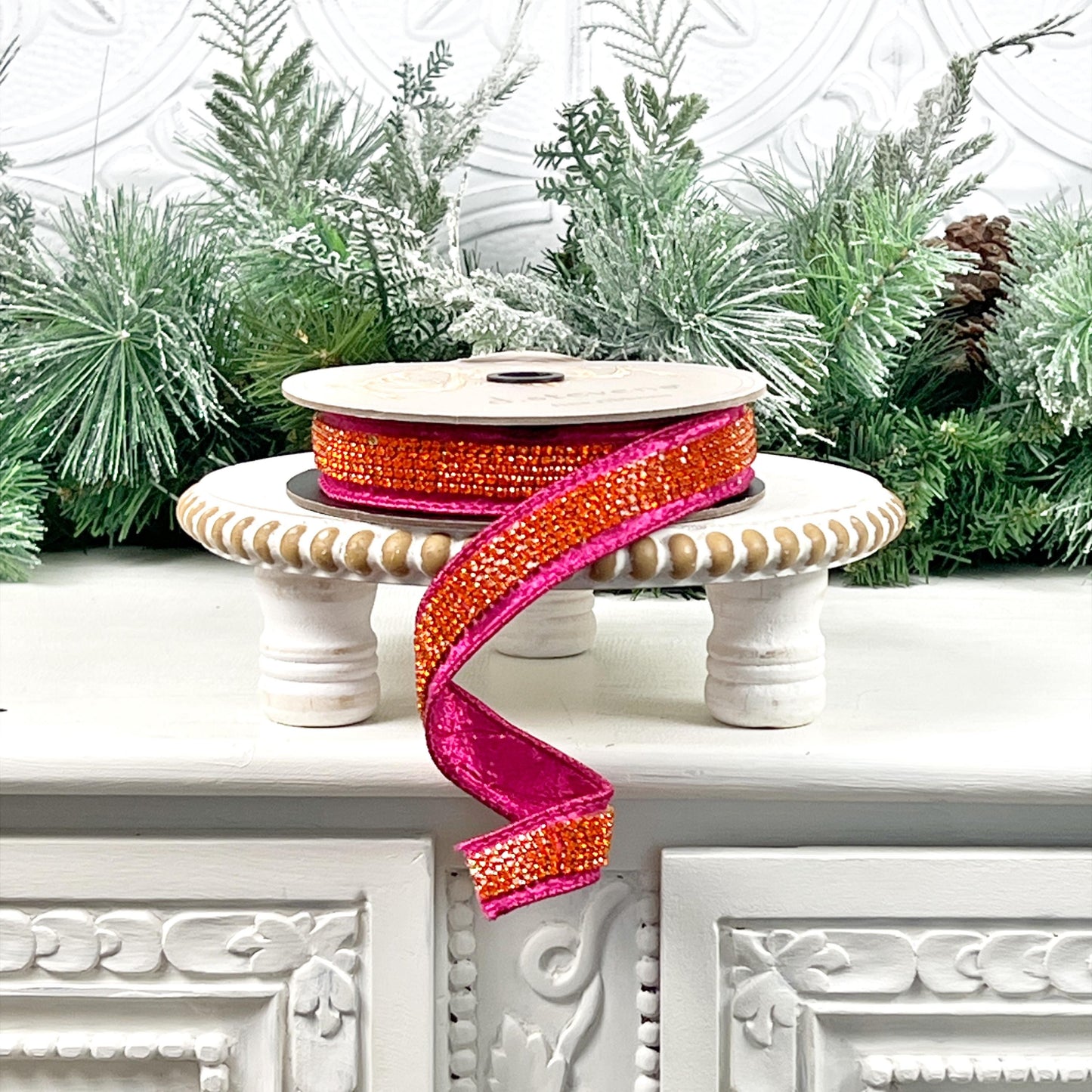 D. Stevens Hot Pink and Orange Jeweled Ribbon, Hot Pink and Orange Jeweled Ribbon, Crystal Trim Velvet Ribbon, Elegant Fall Holiday Ribbon