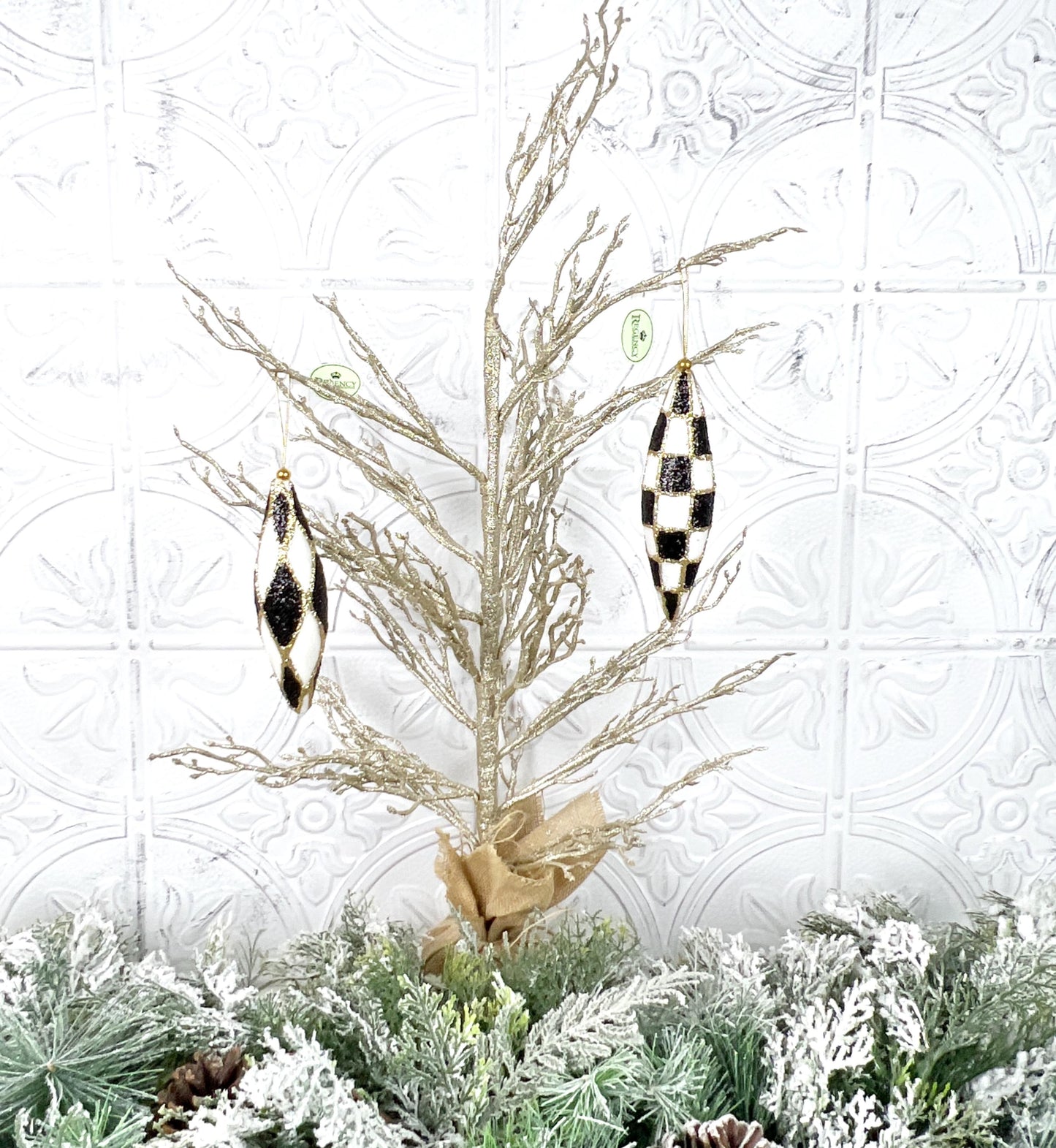 Harlequin Ornament Set, Check Drop Christmas Decor, Black and White Finial Ornament, Glittered Bauble Set, Shatterproof Holiday Ornament