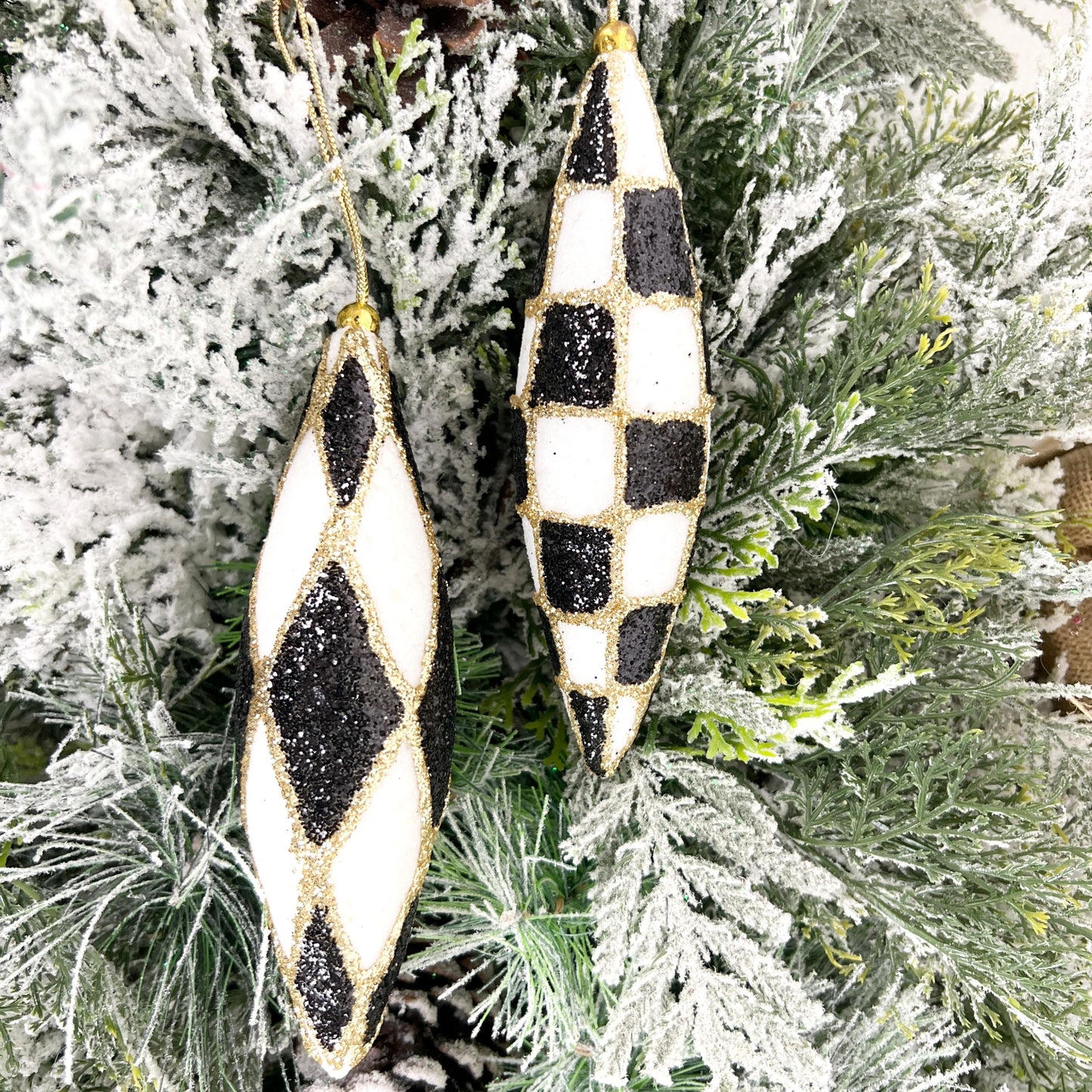 Harlequin Ornament Set, Check Drop Christmas Decor, Black and White Finial Ornament, Glittered Bauble Set, Shatterproof Holiday Ornament