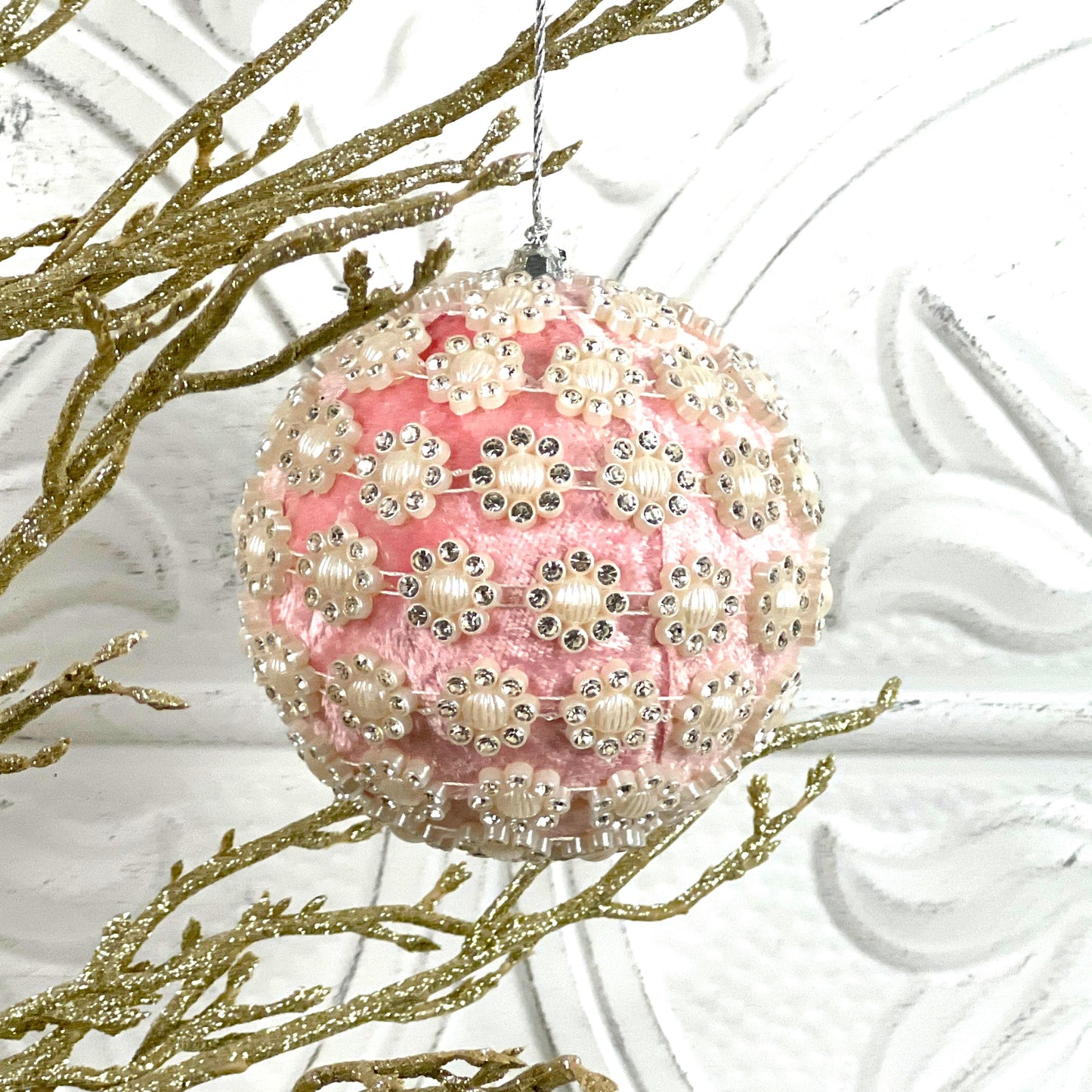 Velvet Jewel Flower Ornament, Pink Vintage Style Bauble, Beaded Holiday Ornament, Shatterproof Christmas Decor, Wedding Tree Accent