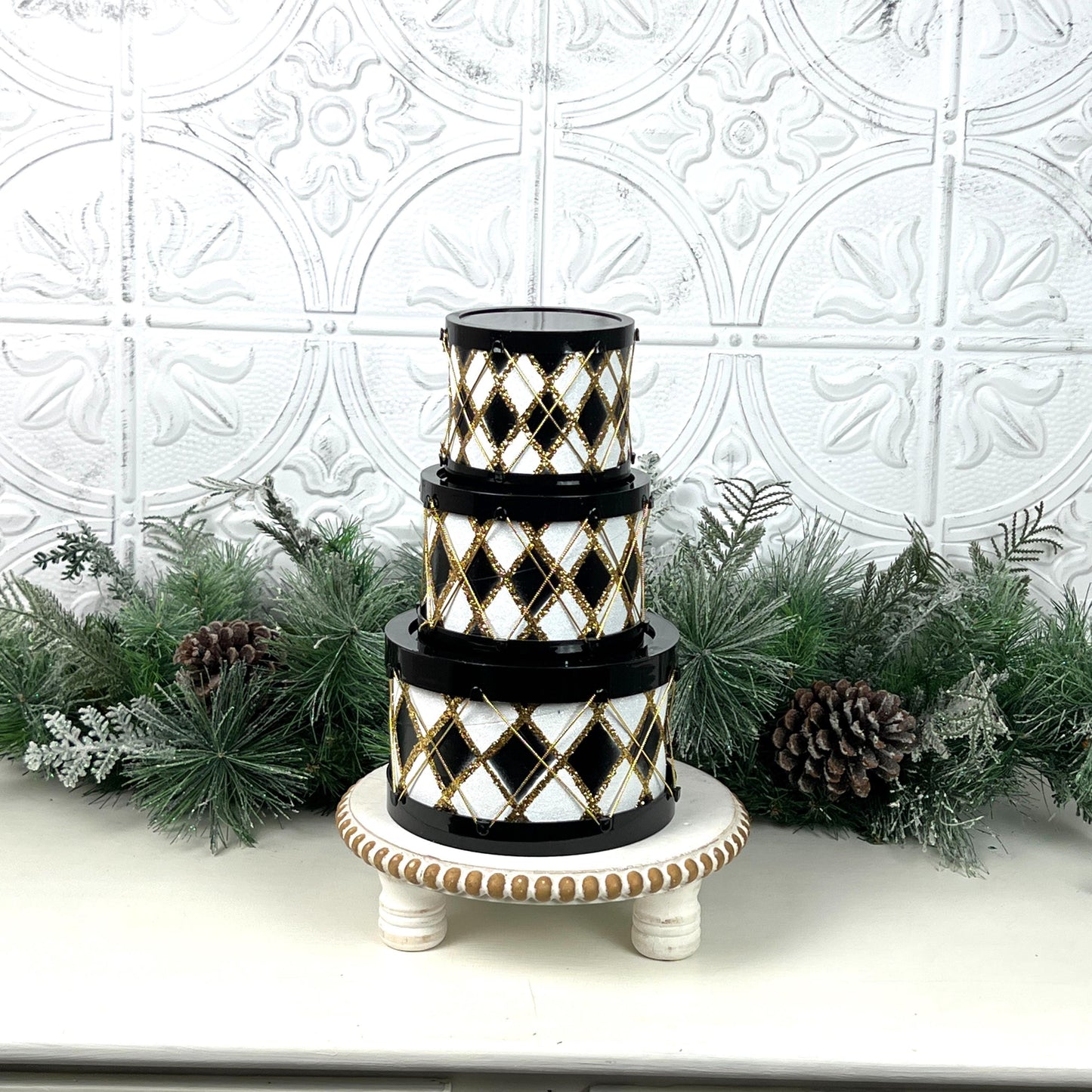 Black and White Drum Set, Glitter Holiday Drums, Stacking Christmas Decor, Harlequin Display Boxes, Elegant Drum Ornaments
