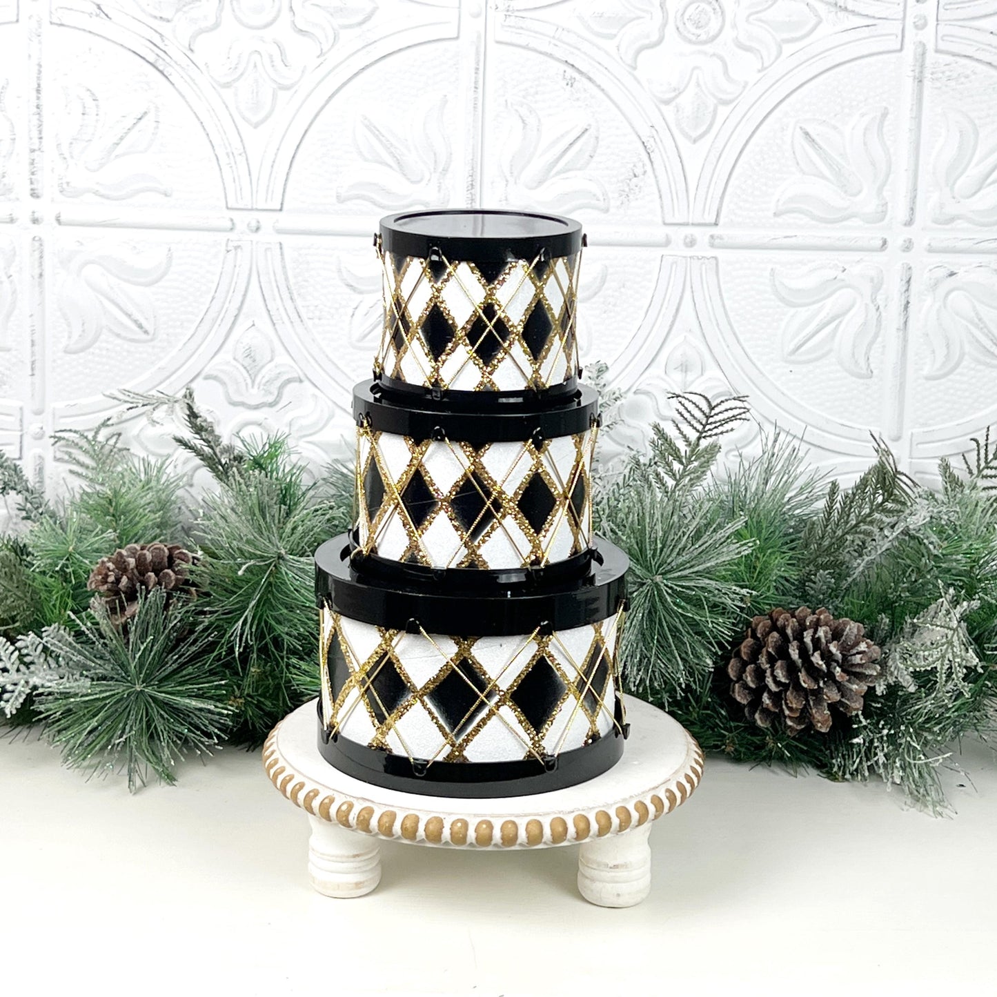Black and White Drum Set, Glitter Holiday Drums, Stacking Christmas Decor, Harlequin Display Boxes, Elegant Drum Ornaments