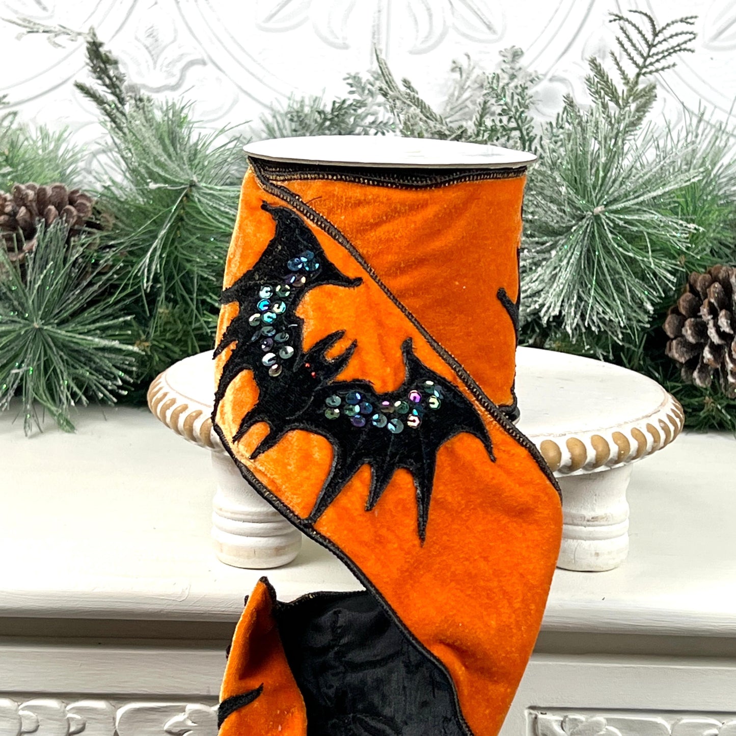 Orange Velvet Halloween Ribbon, Sequin Bat Ribbon, Luxury Halloween Decor, Designer Halloween Ribbon, Black and Orange Ribbon