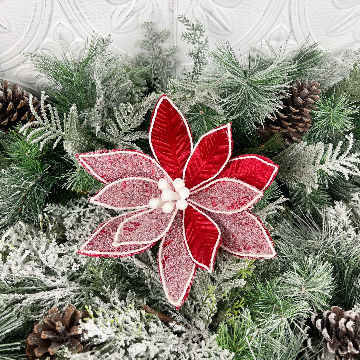 Frosted Poinsettia Stem, Red Poinsettia Stem, Christmas Floral, Holiday Wreath Attachment, Winter Wedding Decor, Red & White Poinsettia Stem