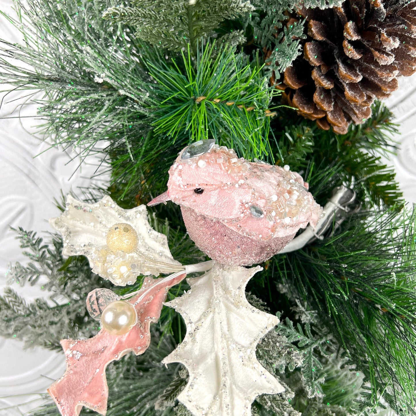 Jeweled Bird Clip Ornament, Pink and Cream Holly Ornament, Holiday Bird Decoration, Wedding Clip Ornament, Luxury Tree Accent