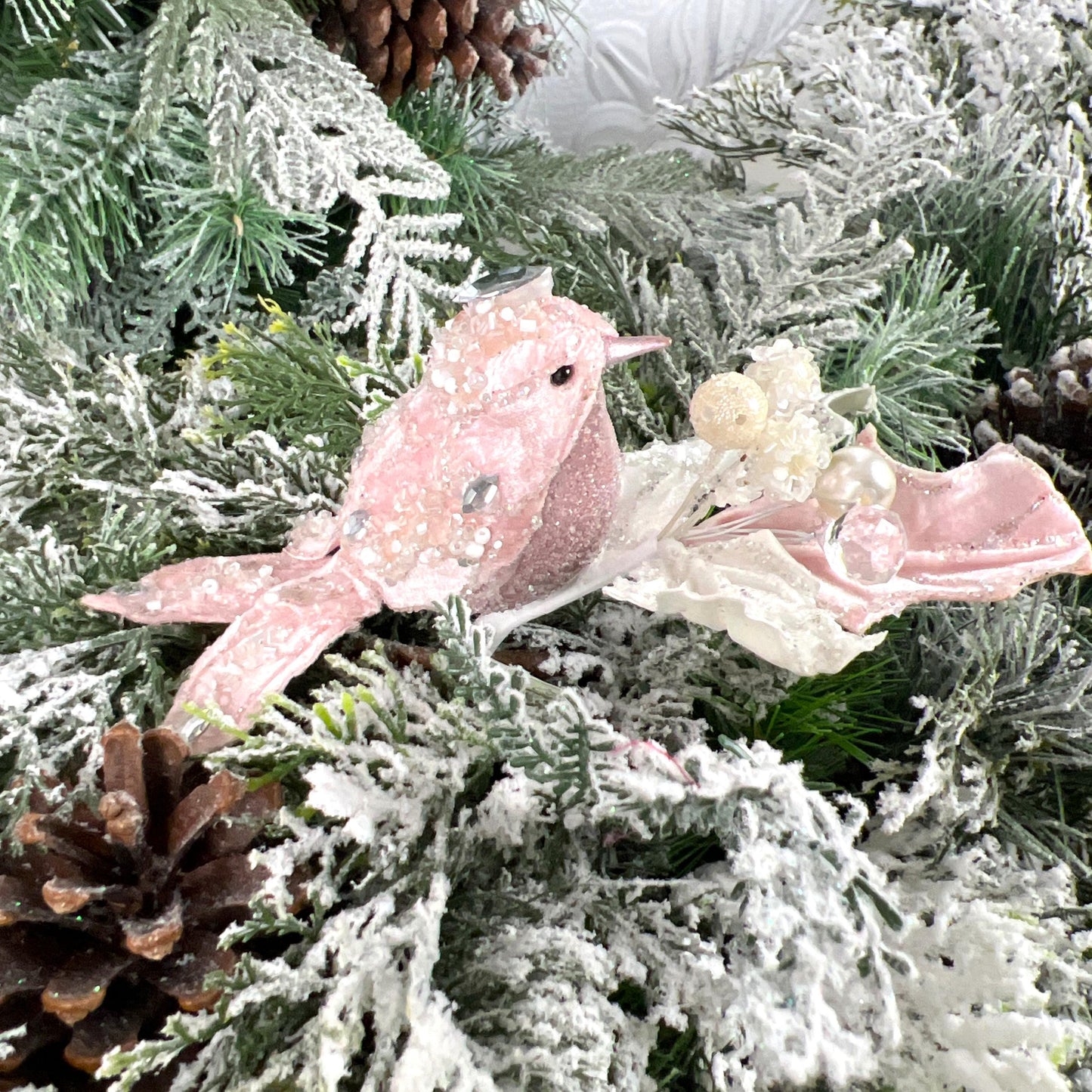 Jeweled Bird Clip Ornament, Pink and Cream Holly Ornament, Holiday Bird Decoration, Wedding Clip Ornament, Luxury Tree Accent