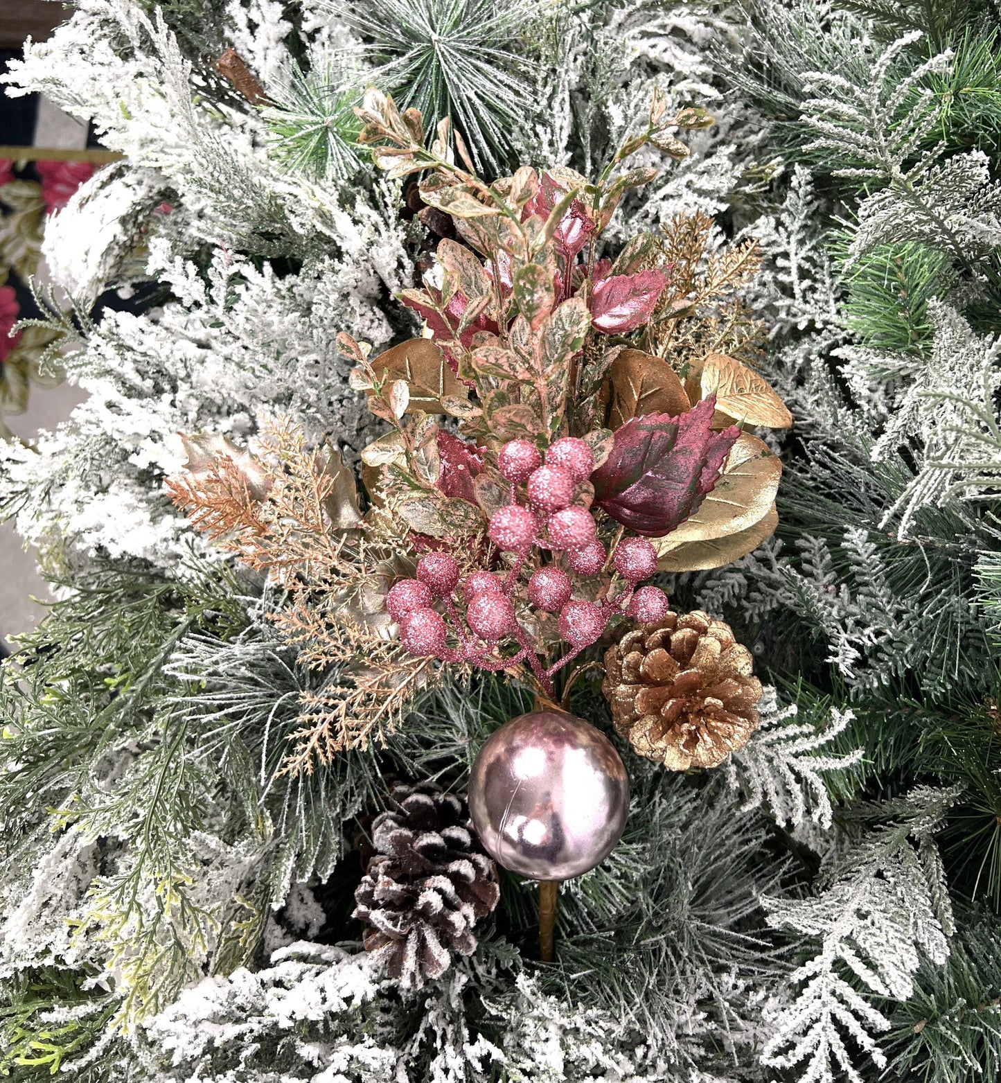 18" Pink and Gold Glitter Leaf Berry and Cone Spray, Gold Glitter Leaf Spray with Pink Berries and Ornaments, Pine Cone and Berry Stem
