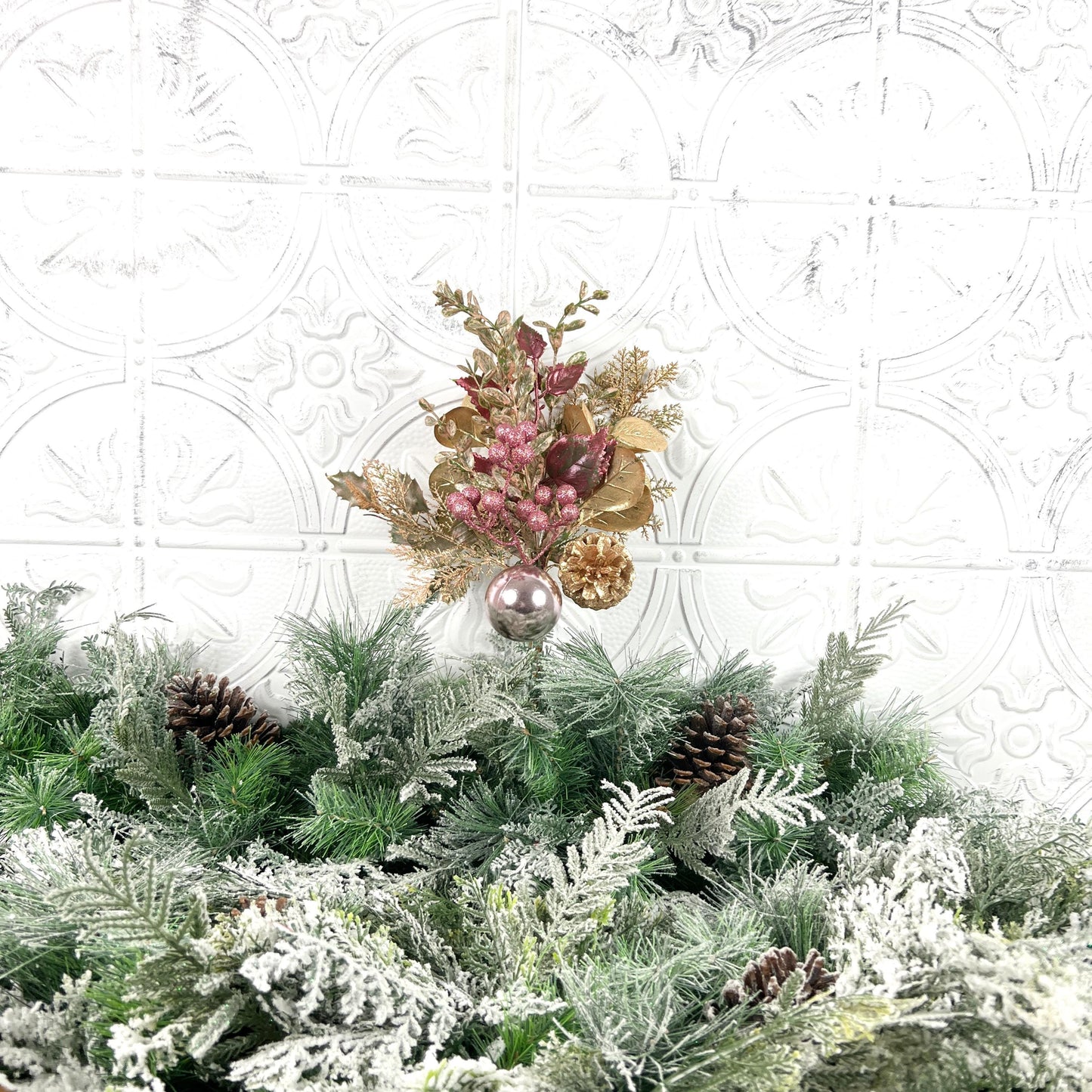 18" Pink and Gold Glitter Leaf Berry and Cone Spray, Gold Glitter Leaf Spray with Pink Berries and Ornaments, Pine Cone and Berry Stem