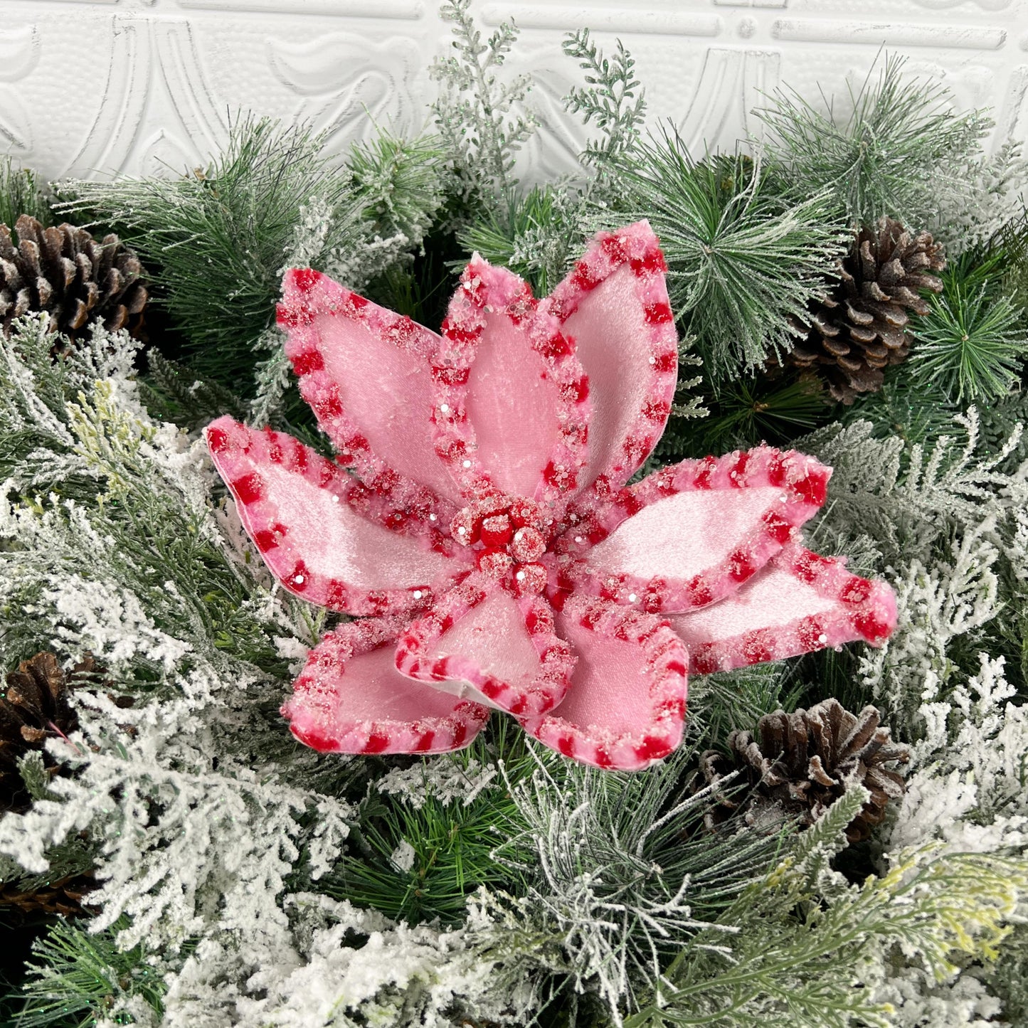 Pink and Red Glitter Poinsettia Stem, 22" Pink Poinsettia Stem, Christmas Decor, Wreath Decor, Tree Decoration, Holiday Floral,