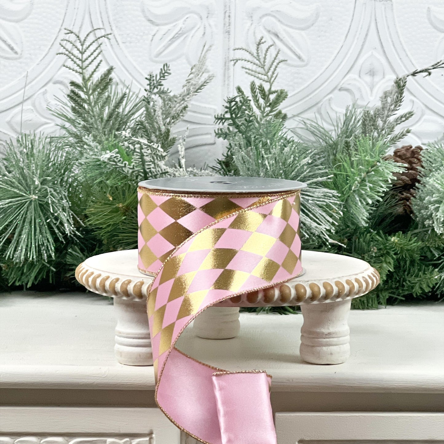 Pink and Gold Harlequin Ribbon, Farrisilk Designer Ribbon, Foil Jester Ribbon, Elegant Holiday Ribbon, Luxury Wedding Ribbon